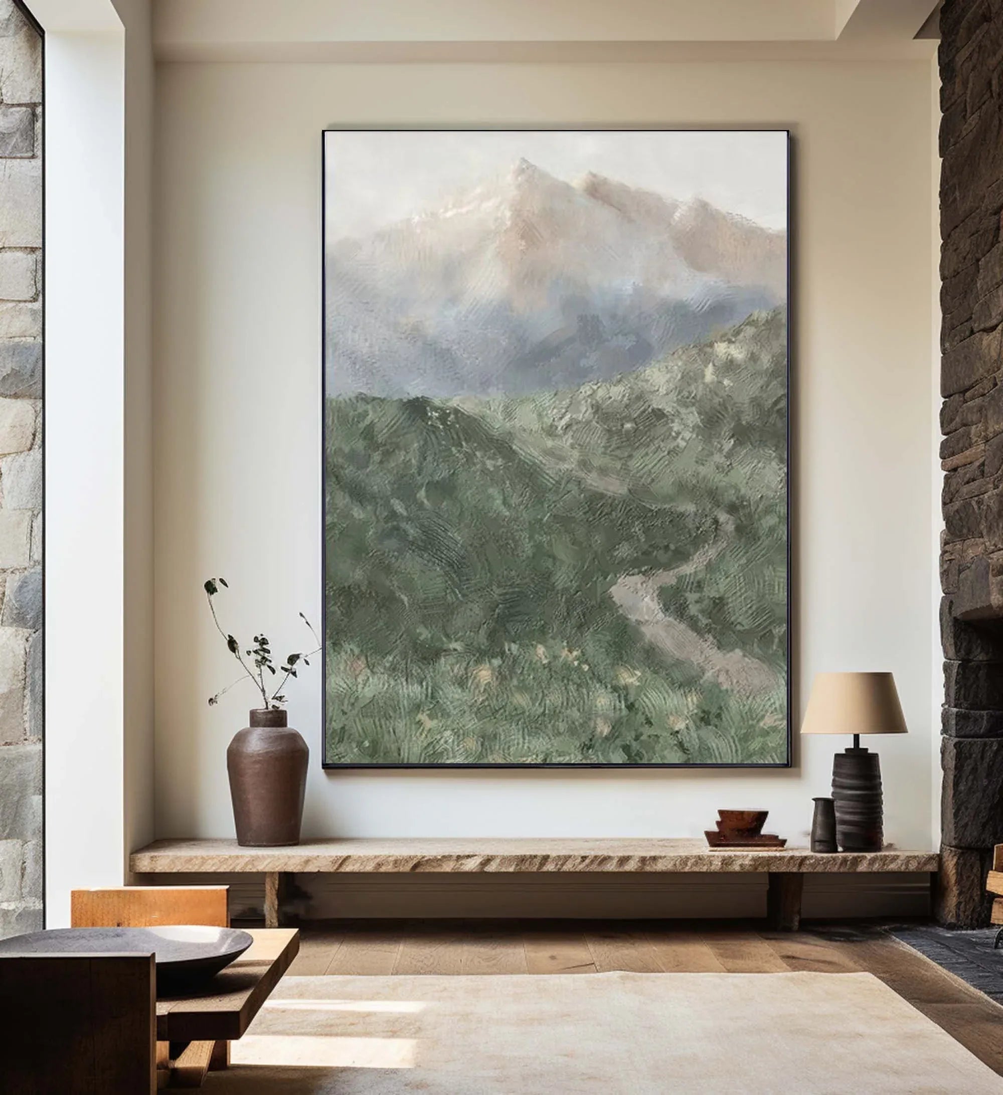 Misty Mountain Path-Hand drawn Green Gray Texture Mountain Abstract Wall Art - artextured