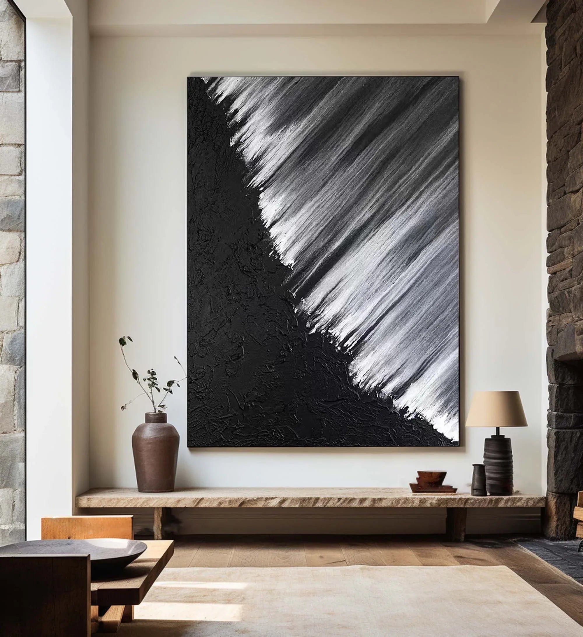 Monochrome Cascade-Hand Drawn Black and White Oblique Texture Abstract Wall Art - artextured