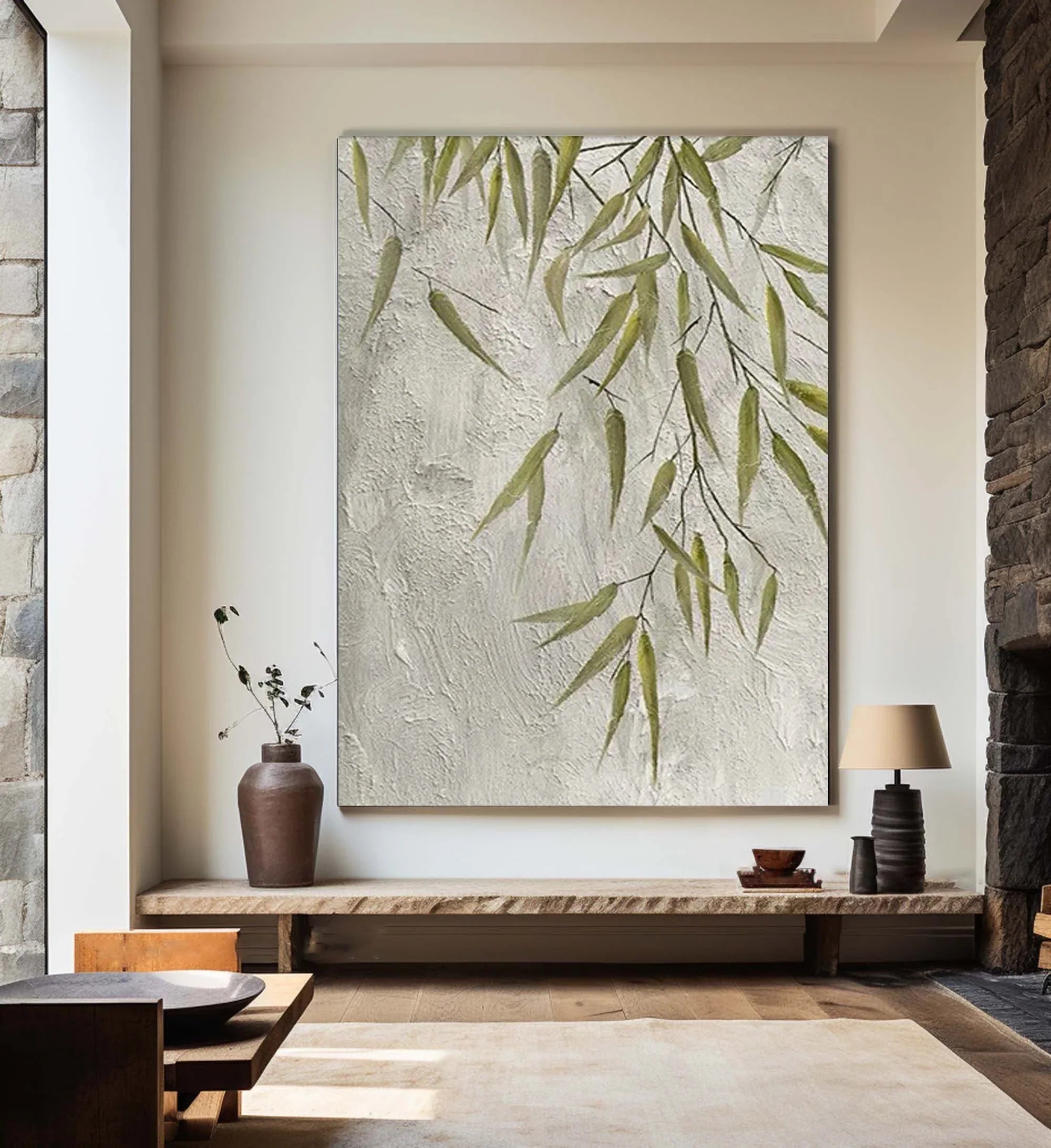Willow Grace-Hand Drawn Bamboo Leaf Texture Oil Painting Wall Art - artextured