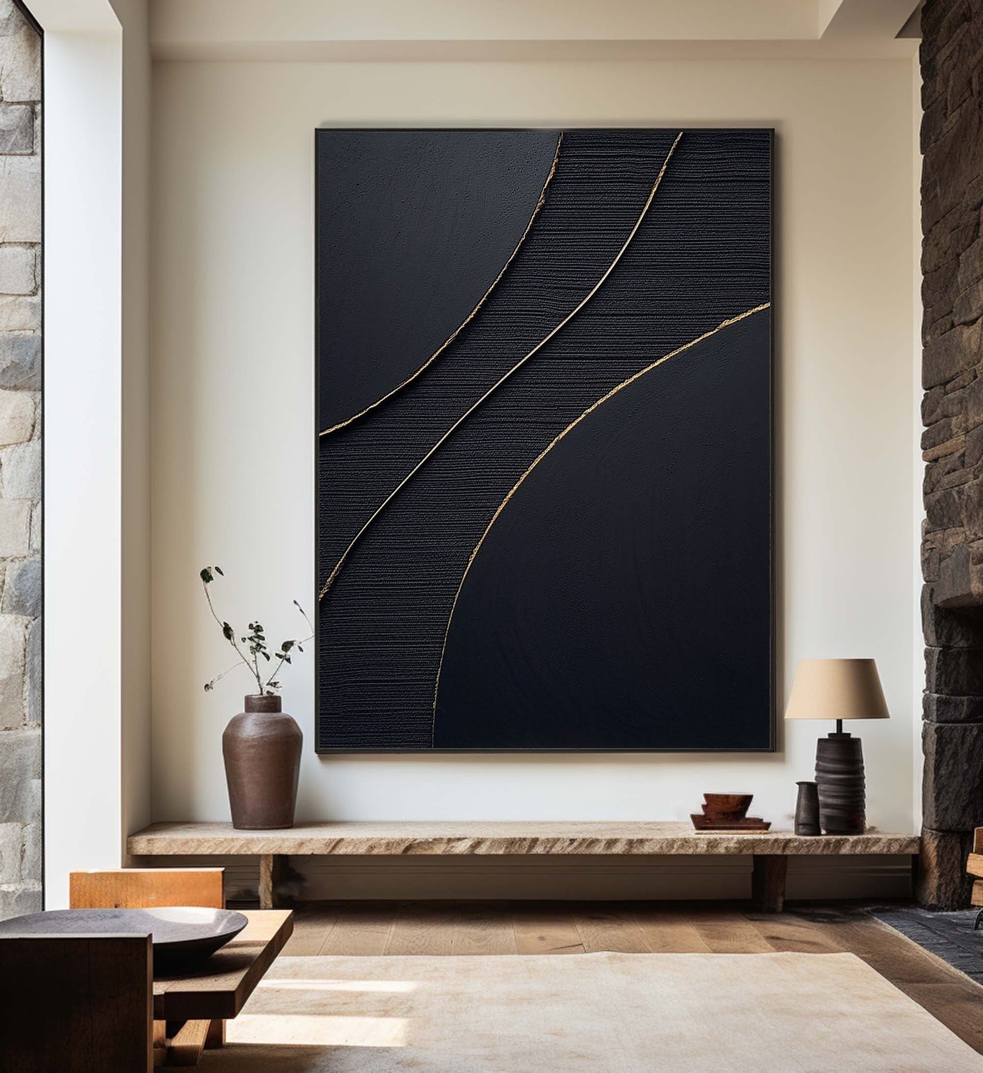 Golden Line Flow-Modern Minimalist Black Gold Geometric Curve Abstract Wall Art
