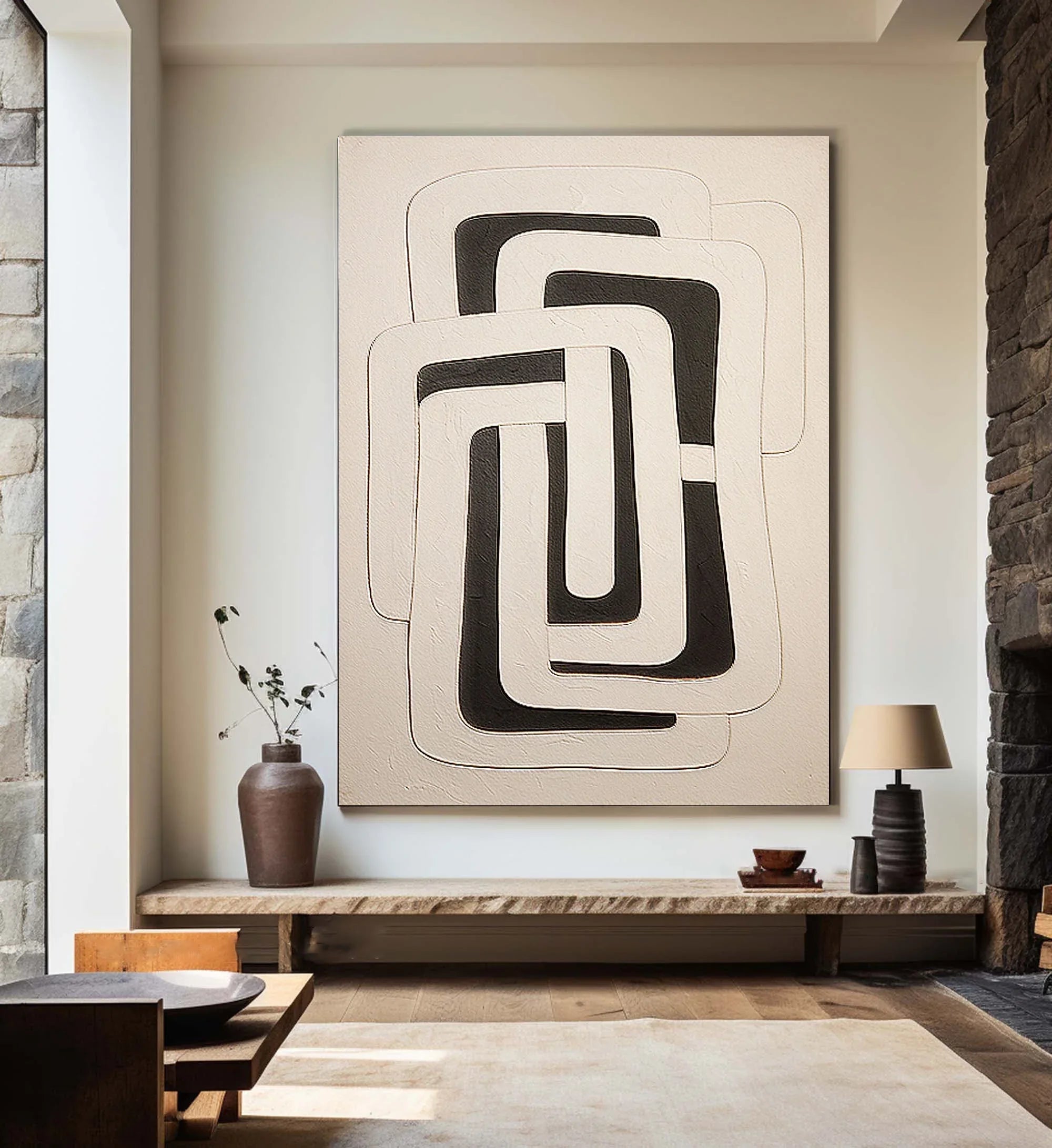 Dual Geometry-Modern Hand Drawn Geometric Black and White Wabi Sabi Abstract Wall Art - artextured