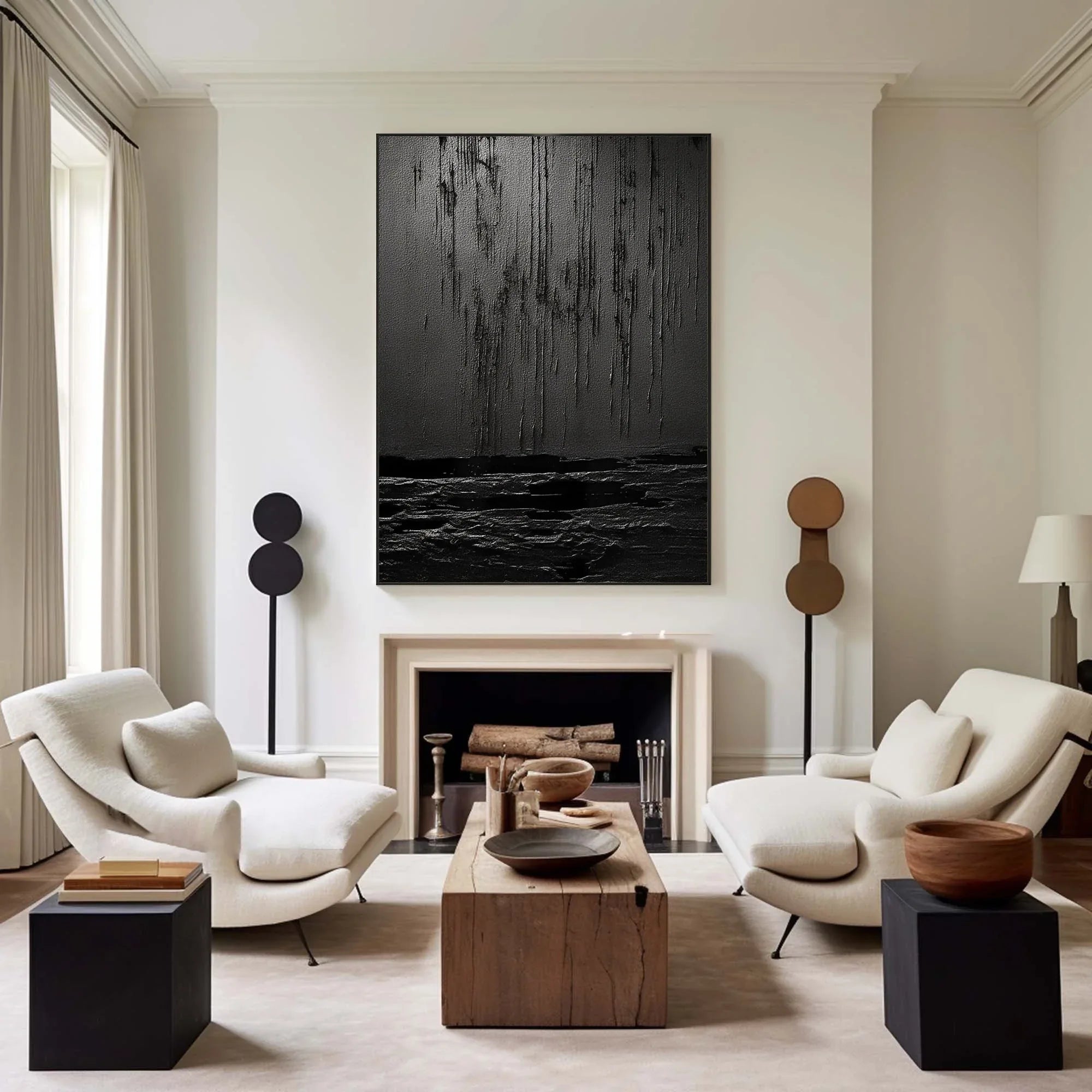Midnight Echoes-Hand Drawn Pure Black Drip Texture Wall Art - artextured