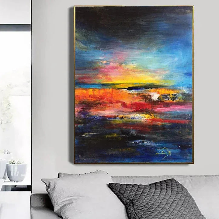 Vivid Horizon-Hand-painted abstract Wall Art Featuring the Glow of the Sunset Over the Ocean Waves - artextured