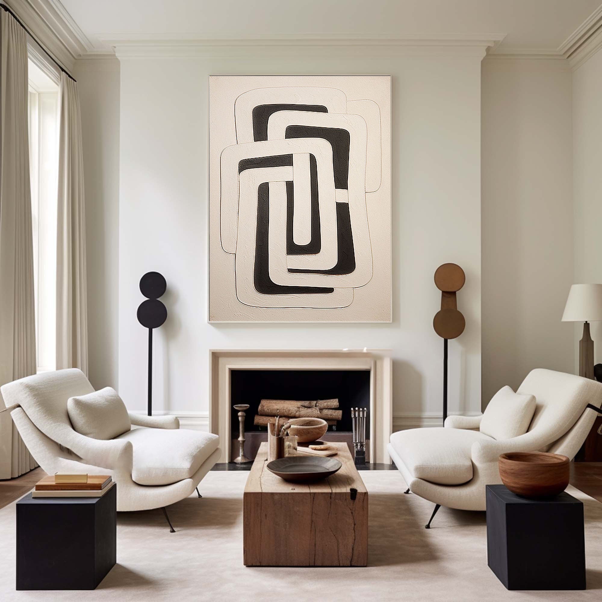 Dual Geometry-Modern Hand Drawn Geometric Black and White Wabi Sabi Abstract Wall Art