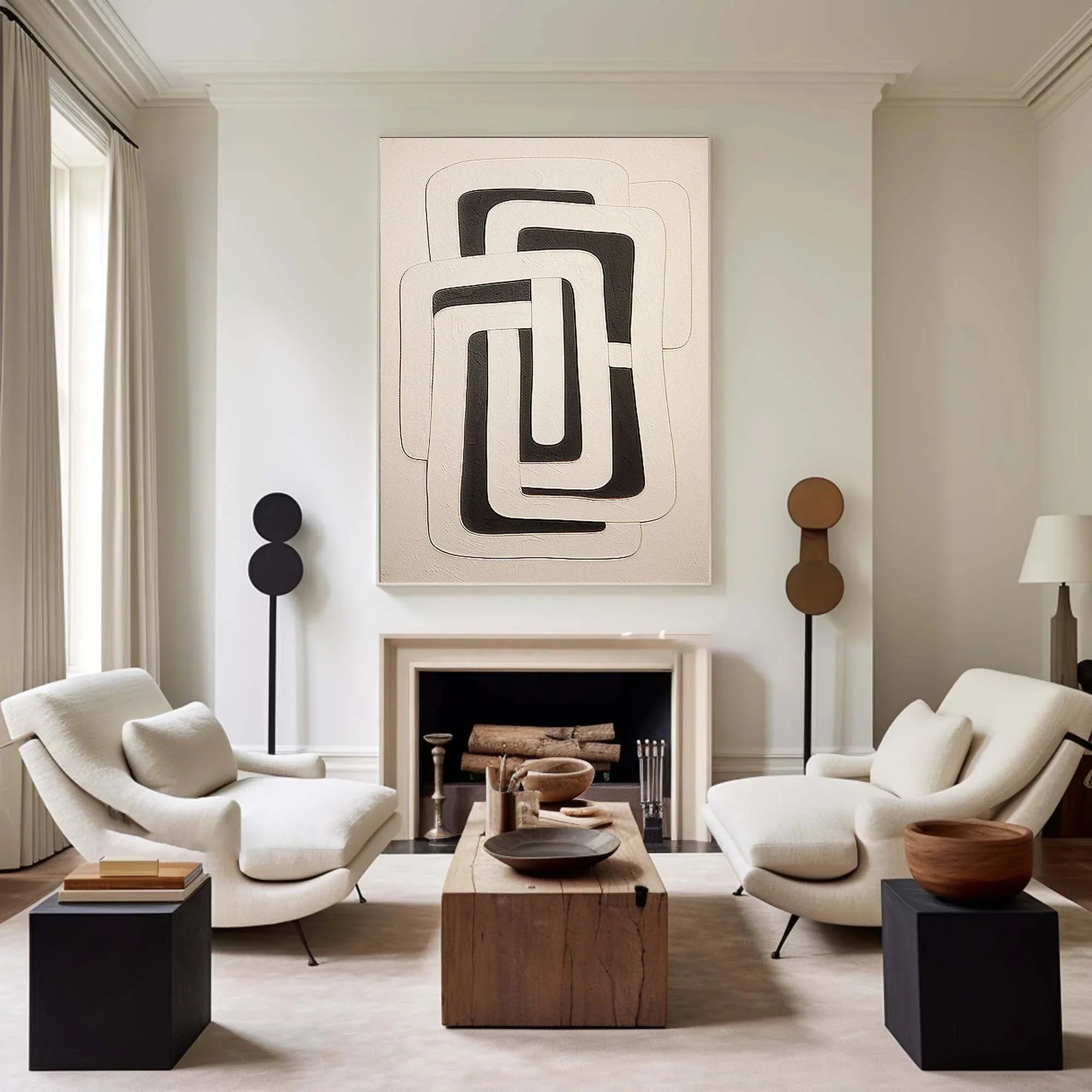 Dual Geometry-Modern Hand Drawn Geometric Black and White Wabi Sabi Abstract Wall Art - artextured