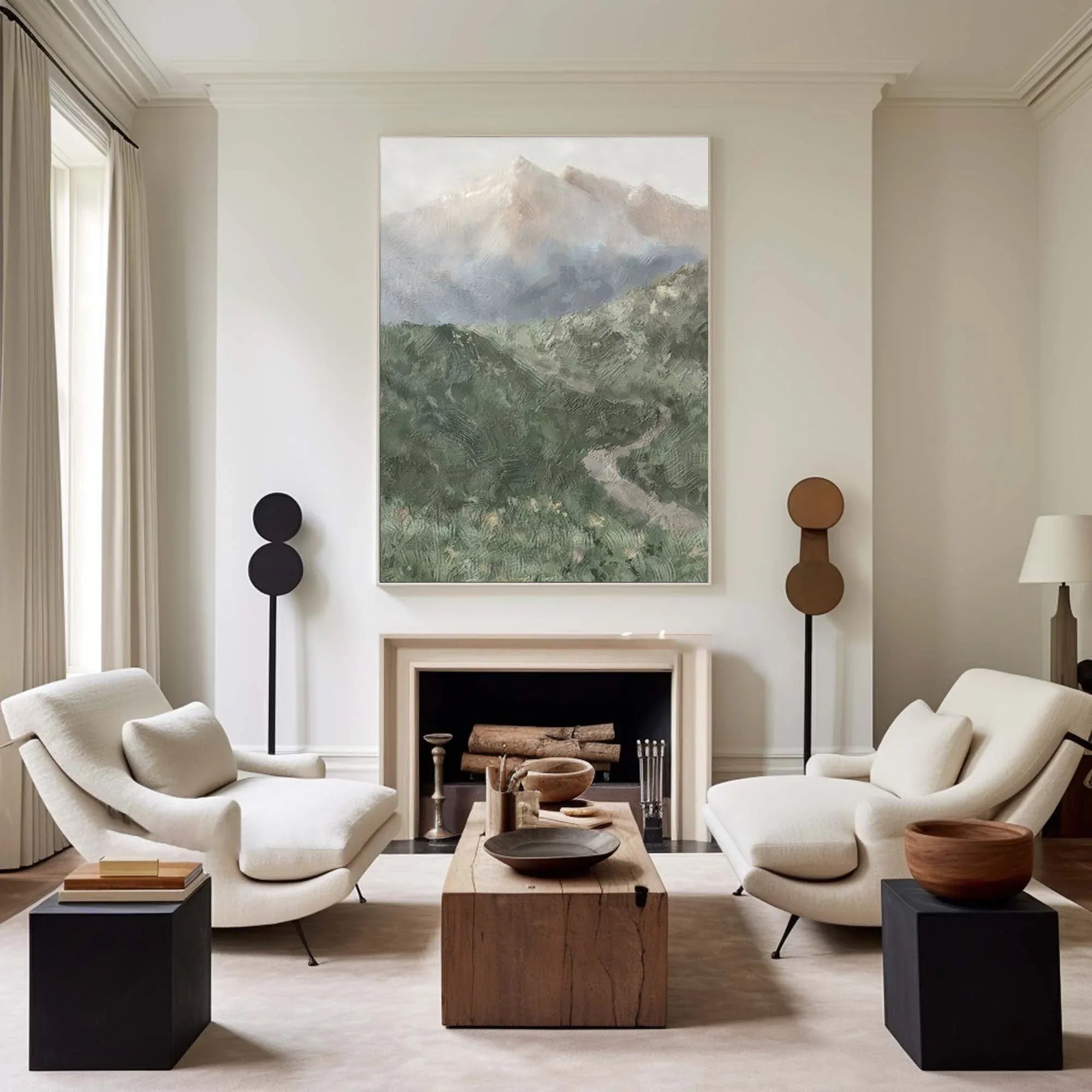 Misty Mountain Path-Hand drawn Green Gray Texture Mountain Abstract Wall Art - artextured