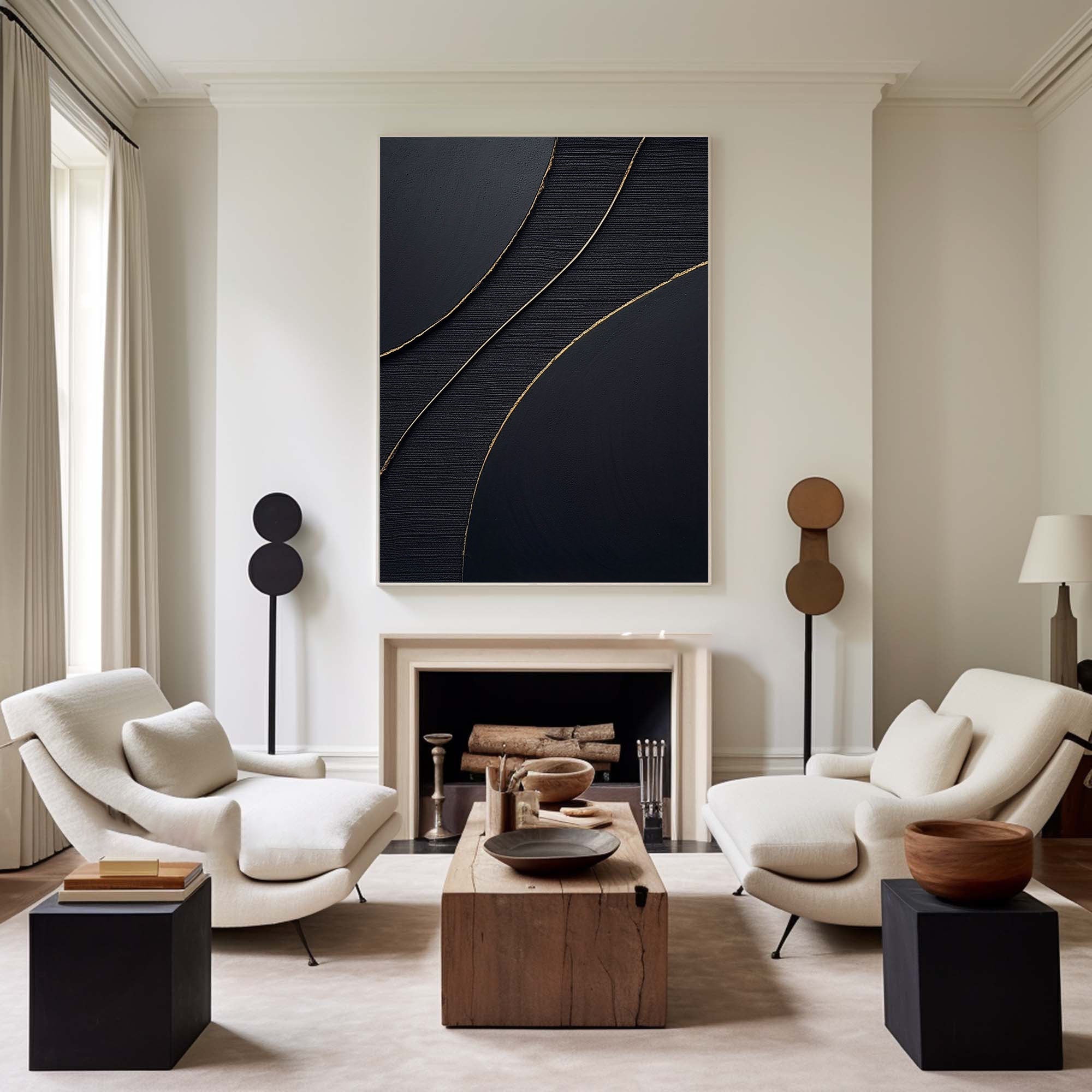 Golden Line Flow-Modern Minimalist Black Gold Geometric Curve Abstract Wall Art