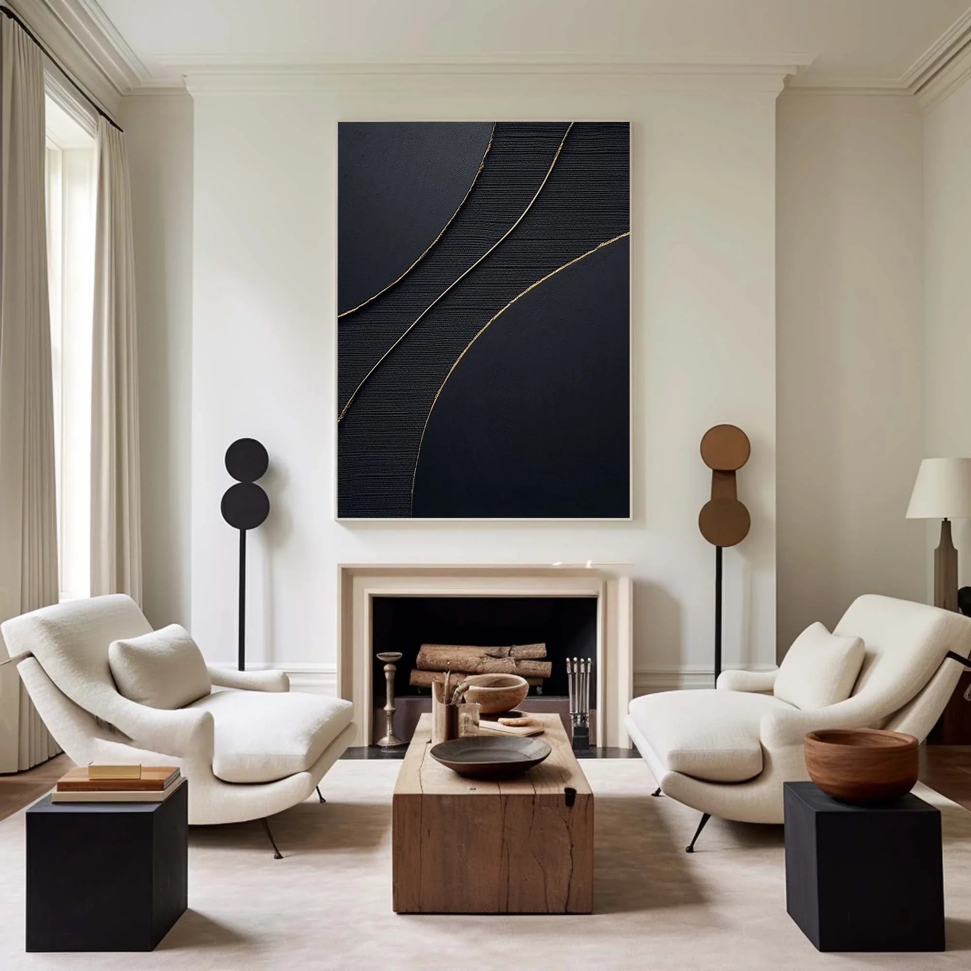 Golden Line Flow-Modern Minimalist Black Gold Geometric Curve Abstract Wall Art - artextured