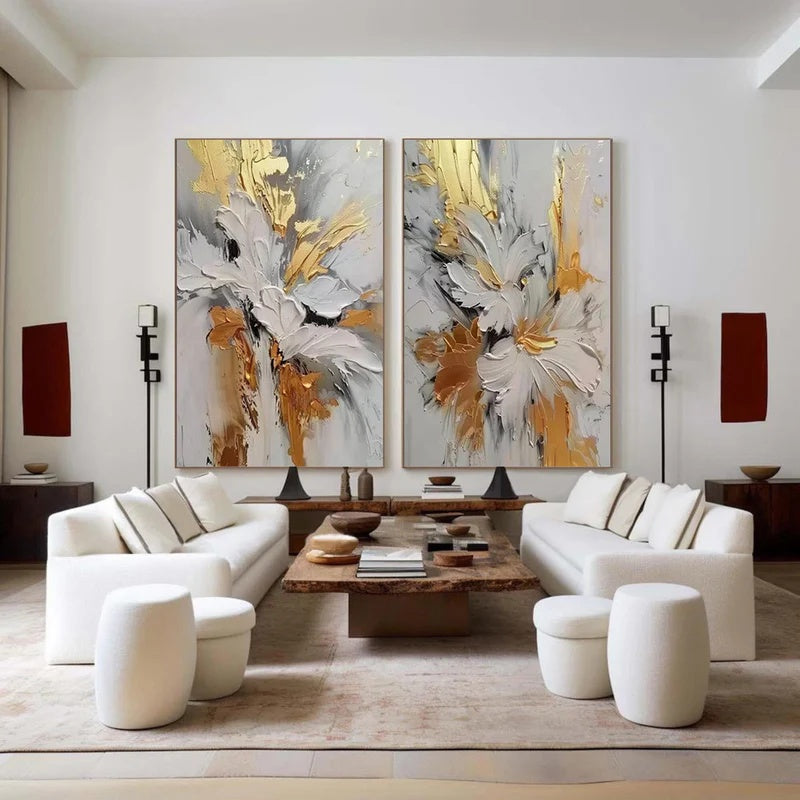 Textured Abstract Floral Diptych Wall Art for Modern Interiors – Quiet Bloom#AB14118