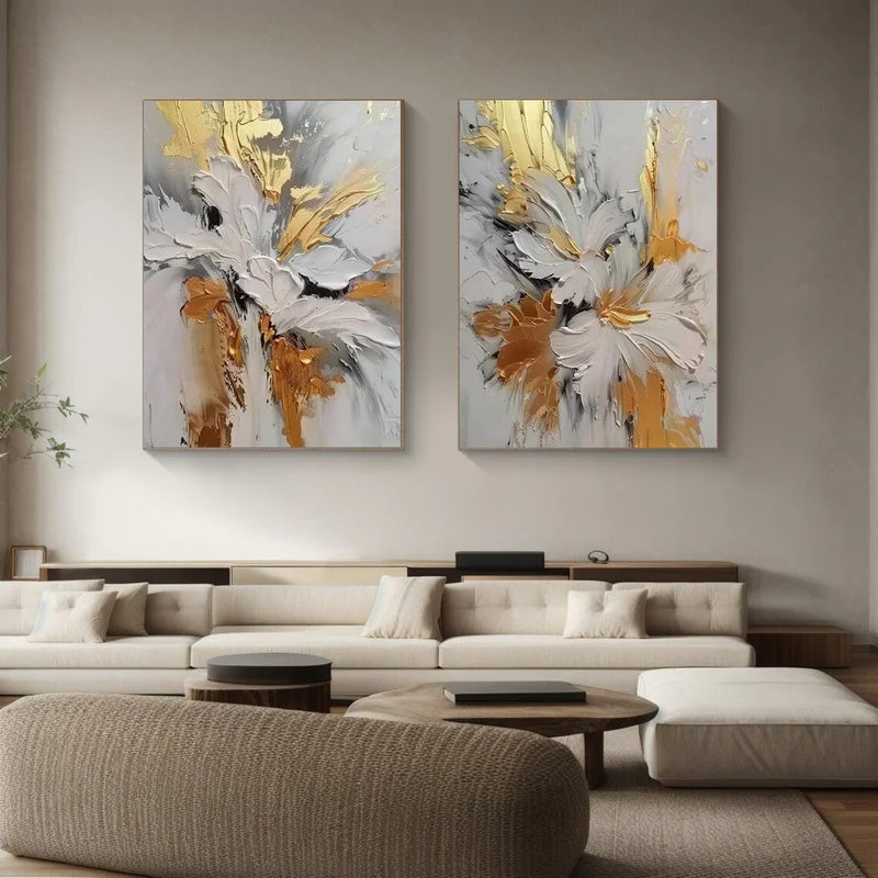 Textured Abstract Floral Diptych Wall Art for Modern Interiors – Quiet Bloom#AB14118