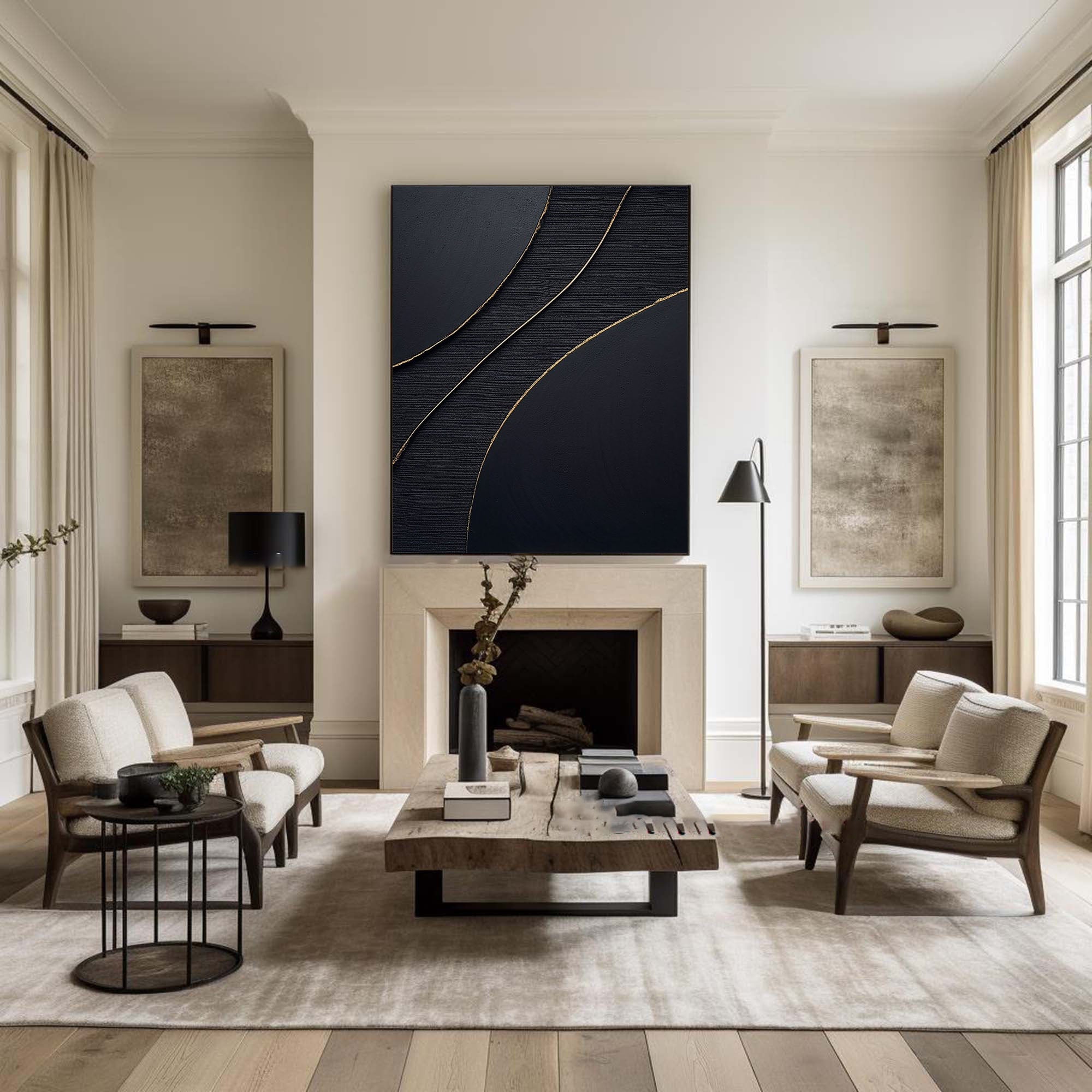 Golden Line Flow-Modern Minimalist Black Gold Geometric Curve Abstract Wall Art