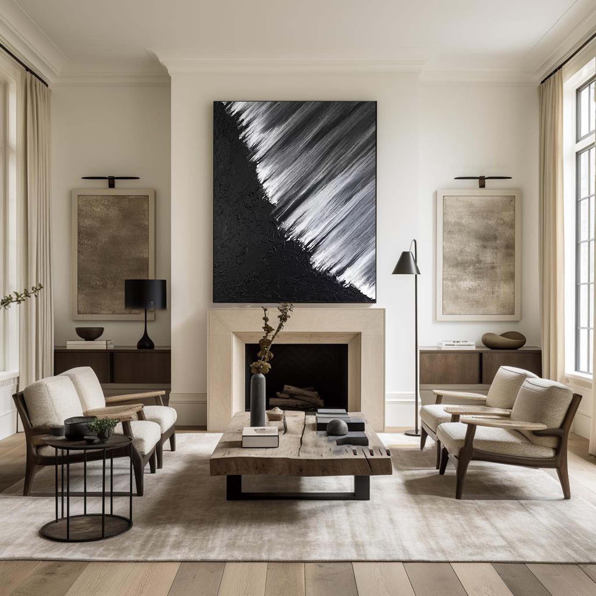 Monochrome Cascade: Abstract Textured Canvas Art