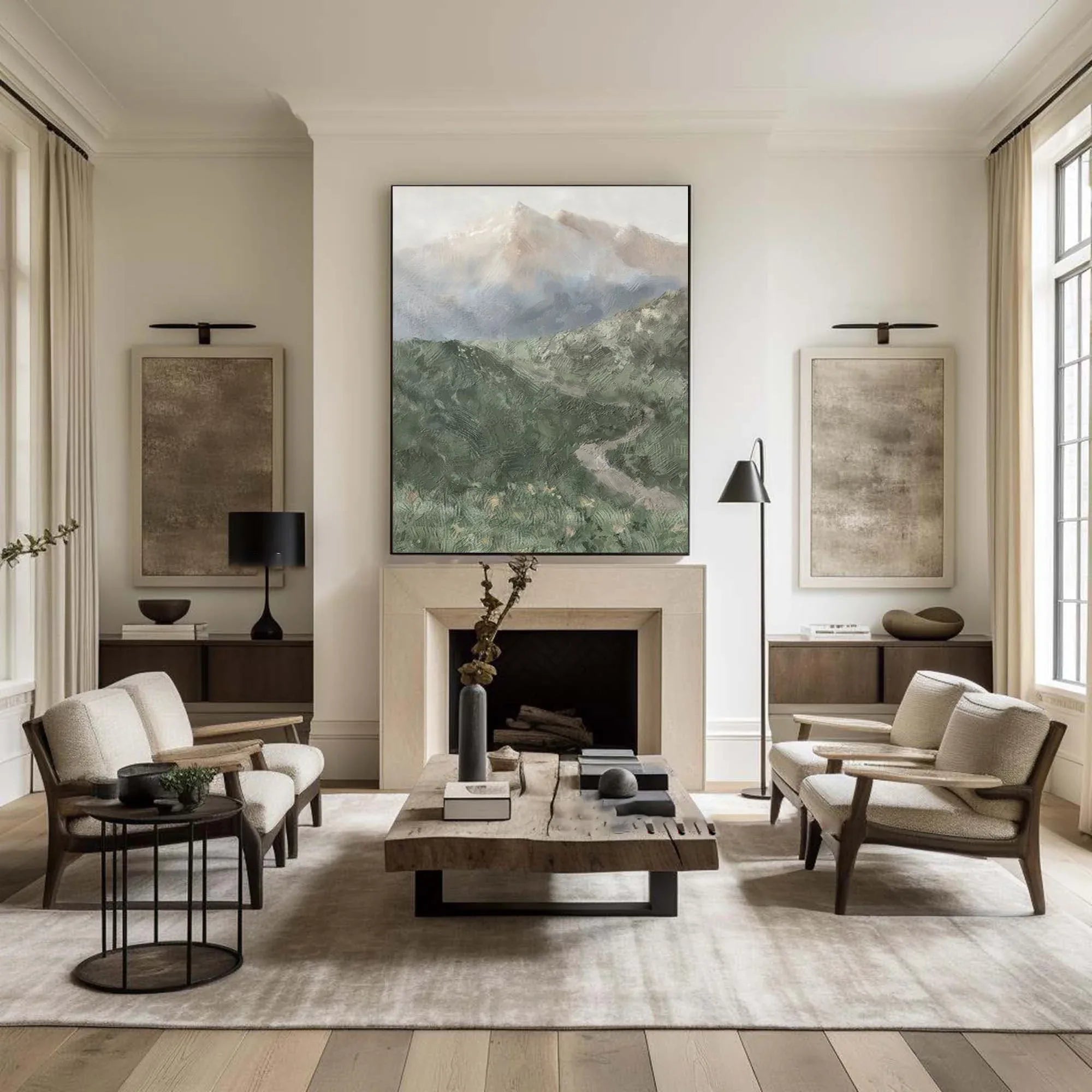 Misty Mountain Path-Hand drawn Green Gray Texture Mountain Abstract Wall Art - artextured