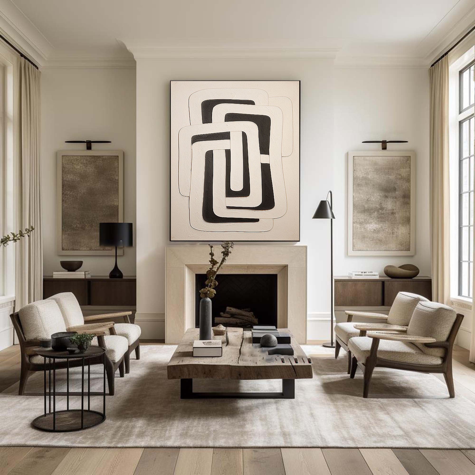 Dual Geometry-Modern Hand Drawn Geometric Black and White Wabi Sabi Abstract Wall Art