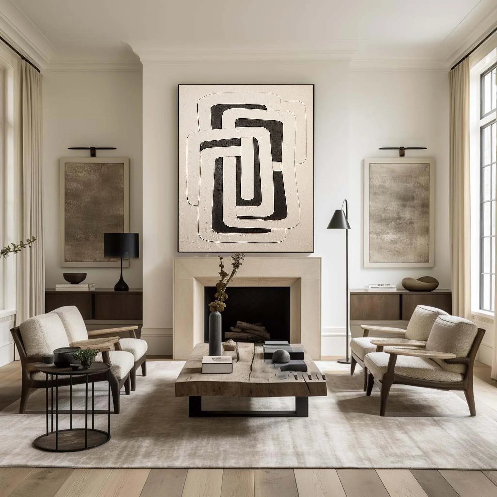 Dual Geometry-Modern Hand Drawn Geometric Black and White Wabi Sabi Abstract Wall Art - artextured