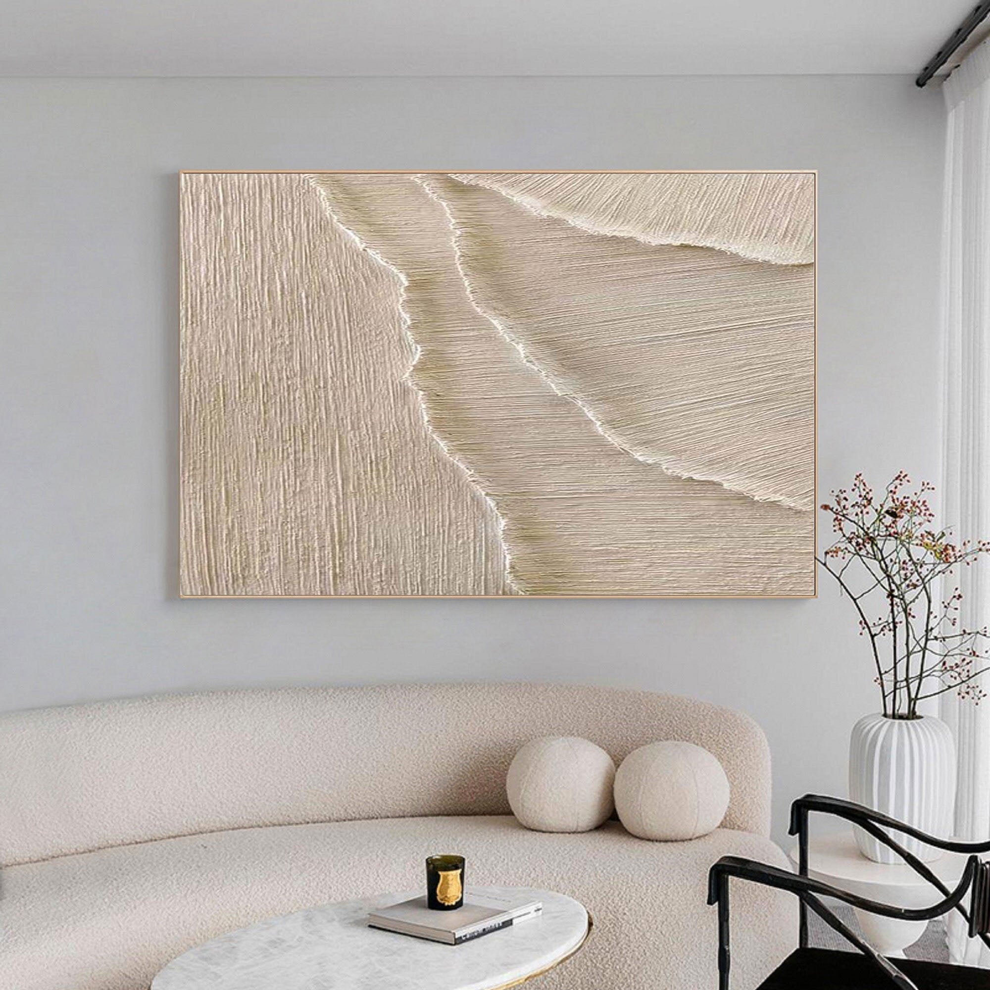 Whispering Sands-Minimalist Oil Painting Wall Art With Flowing Water Wave Texture
