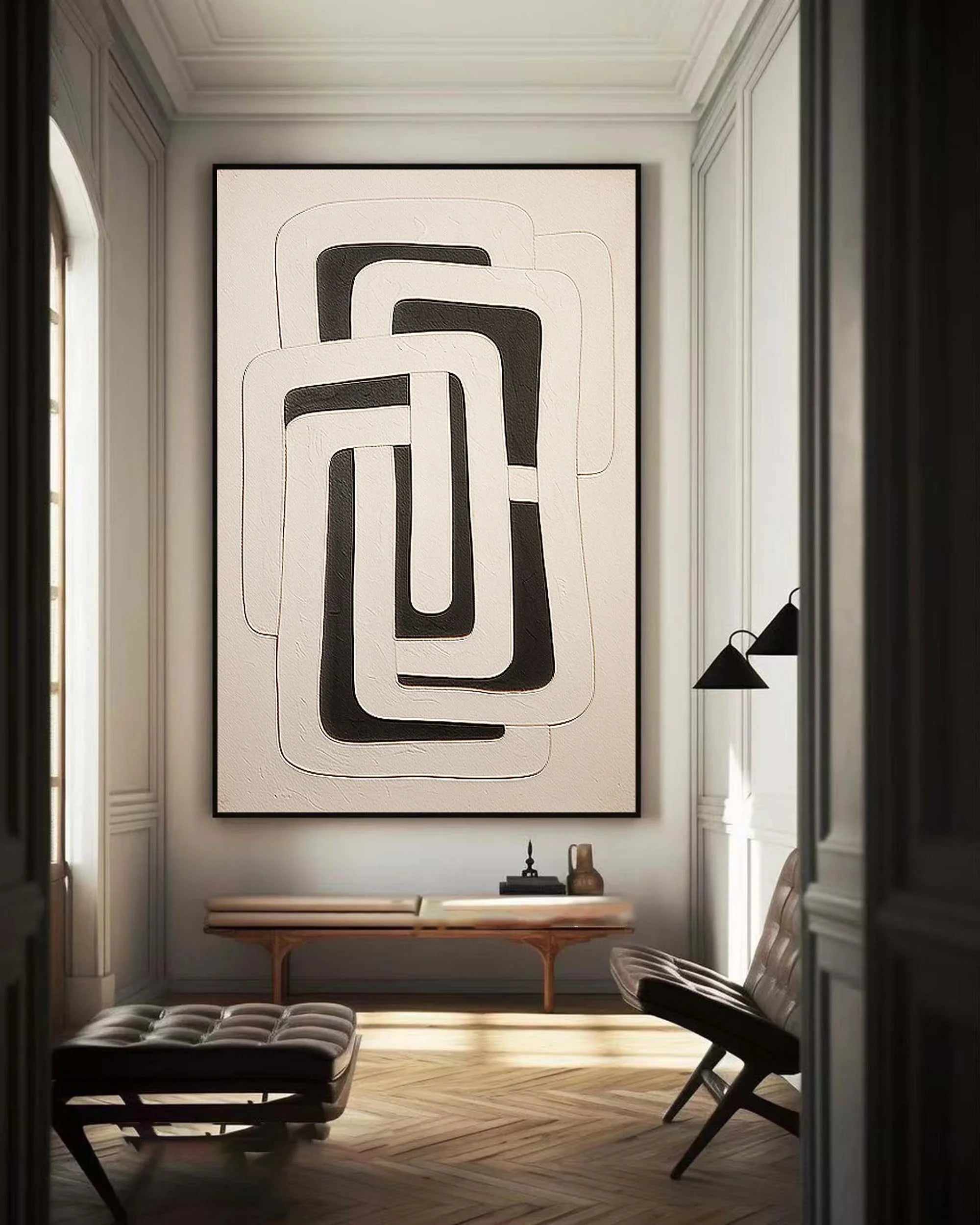 Dual Geometry-Modern Hand Drawn Geometric Black and White Wabi Sabi Abstract Wall Art - artextured