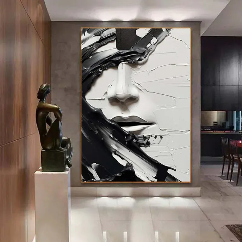 Monochrome Muse – Textured Abstract Face Canvas#AB0519007