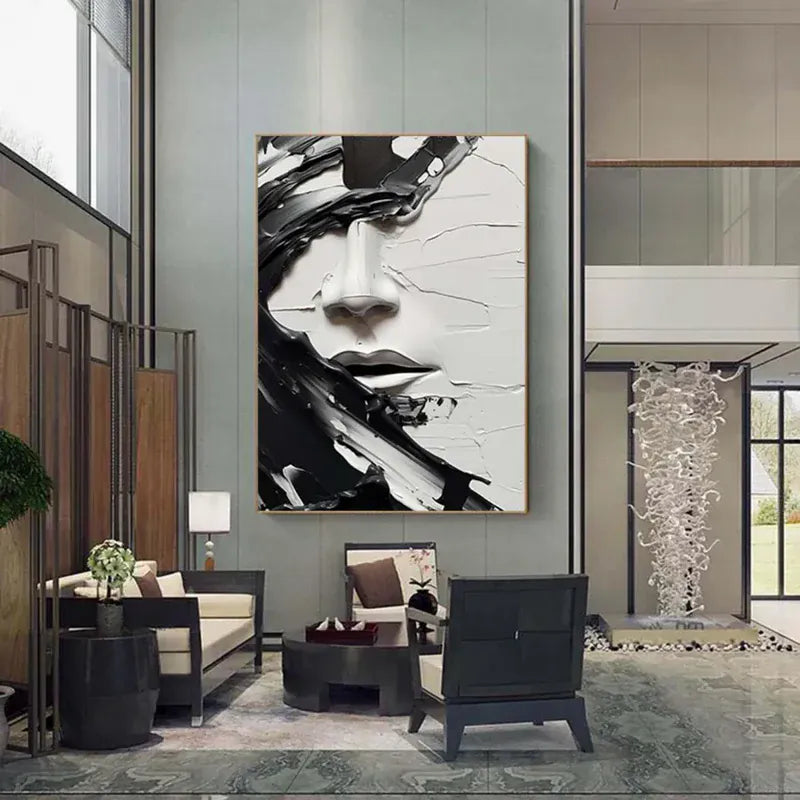 Monochrome Muse – Textured Abstract Face Canvas#AB0519007