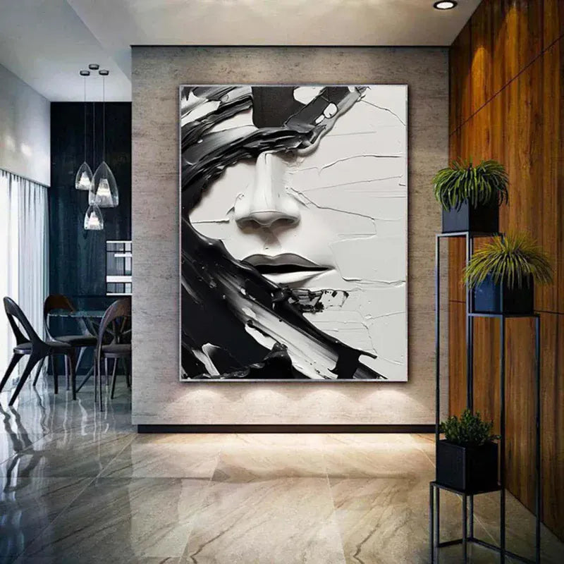 Monochrome Muse – Textured Abstract Face Canvas#AB0519007