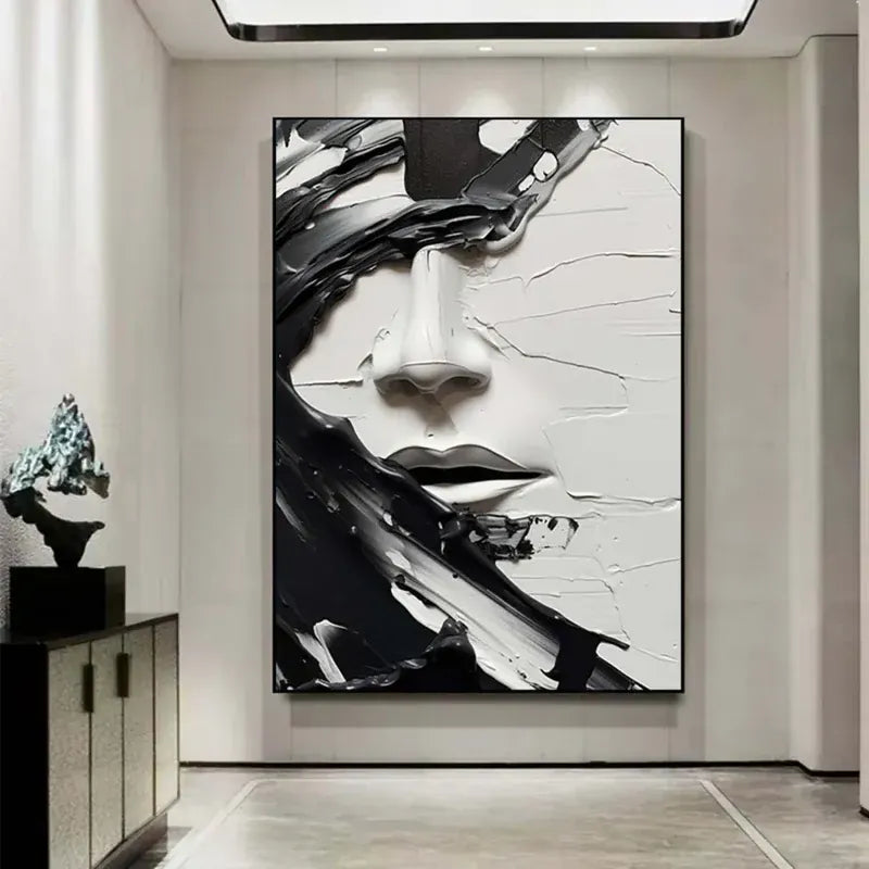 Monochrome Muse – Textured Abstract Face Canvas#AB0519007