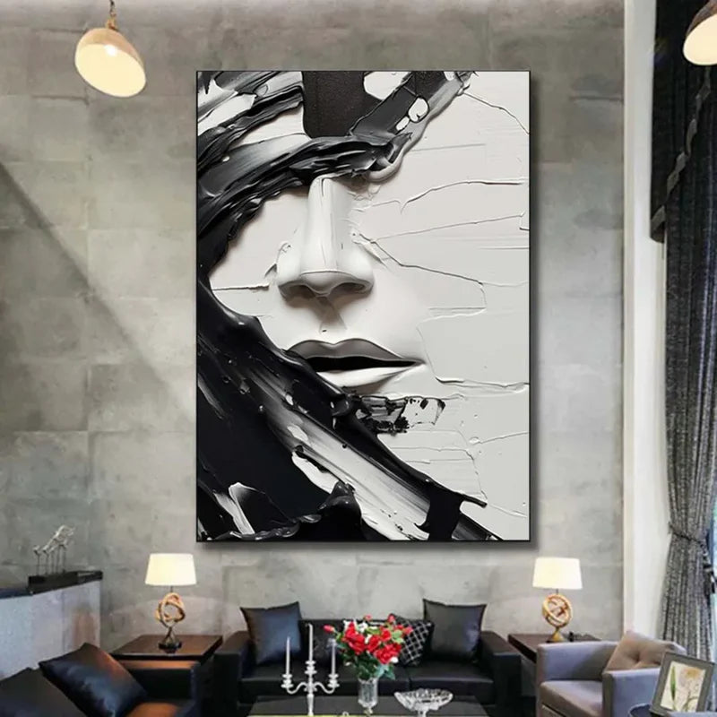 Monochrome Muse – Textured Abstract Face Canvas#AB0519007