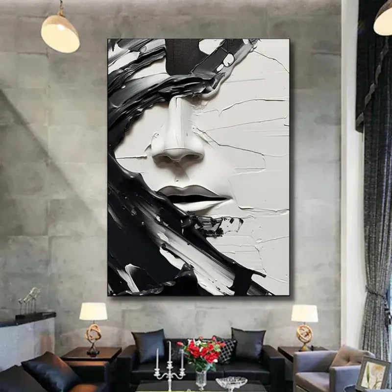 Monochrome Muse – Textured Abstract Face Canvas#AB0519007