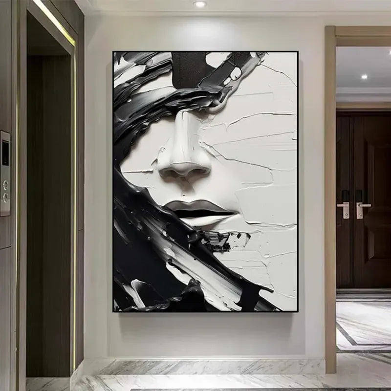 Monochrome Muse – Textured Abstract Face Canvas#AB0519007