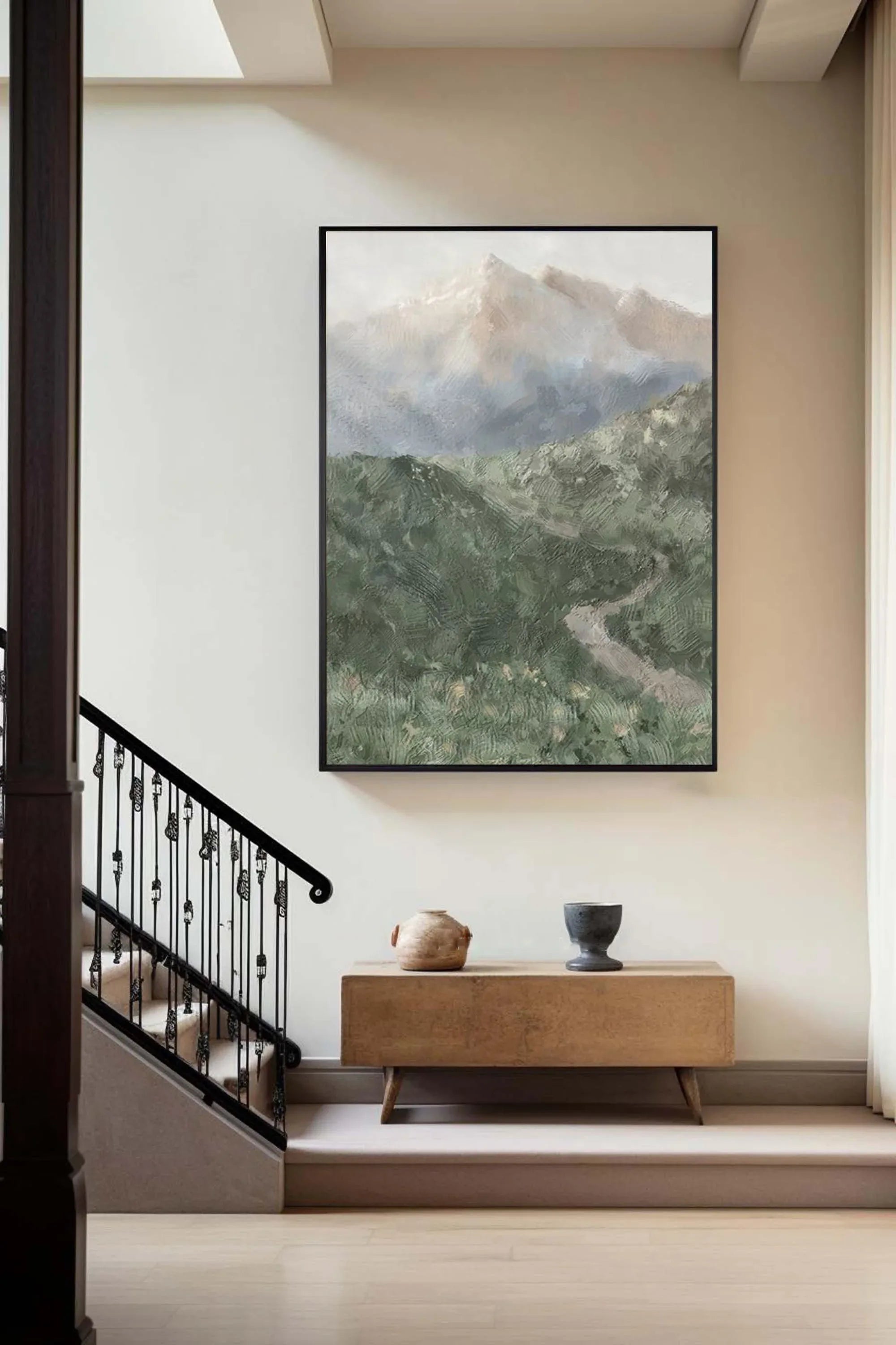 Misty Mountain Path-Hand drawn Green Gray Texture Mountain Abstract Wall Art - artextured