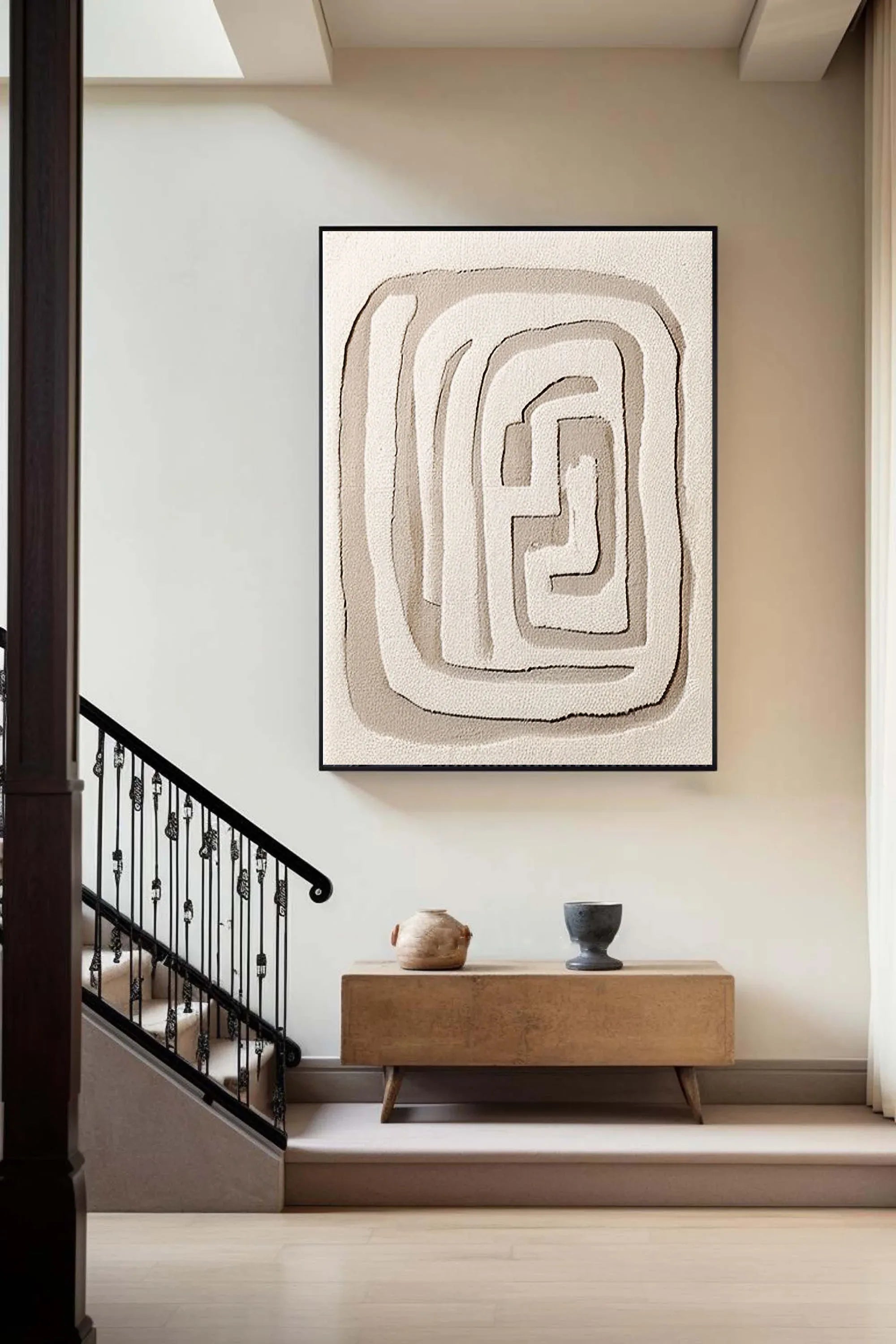 Beige Maze Echo-Modern Minimalist Geometric Maze Abstract Wall Art - artextured