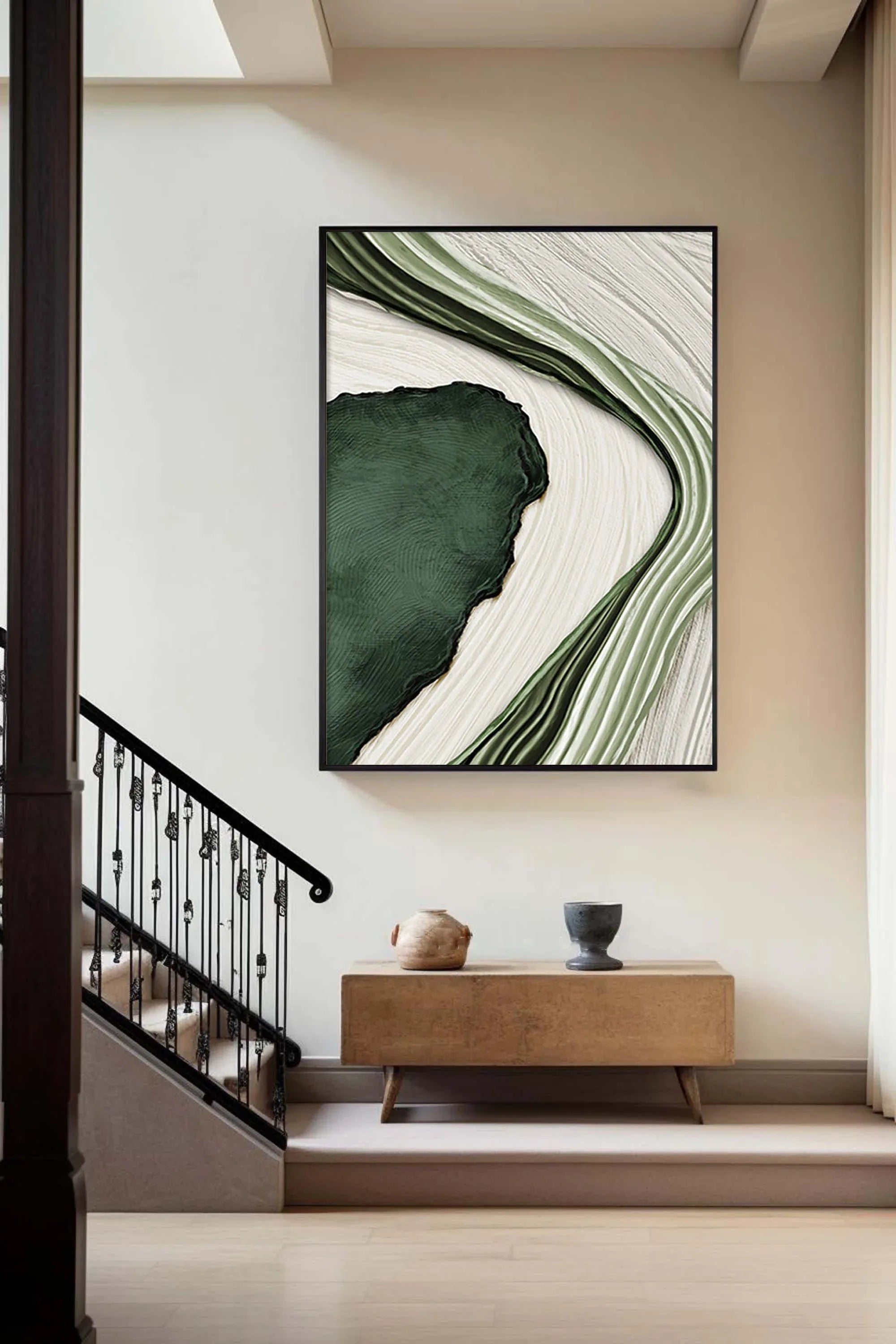 Verdant Flow-Modern Home Decoration Green and White Flowing Texture Wall Art - artextured