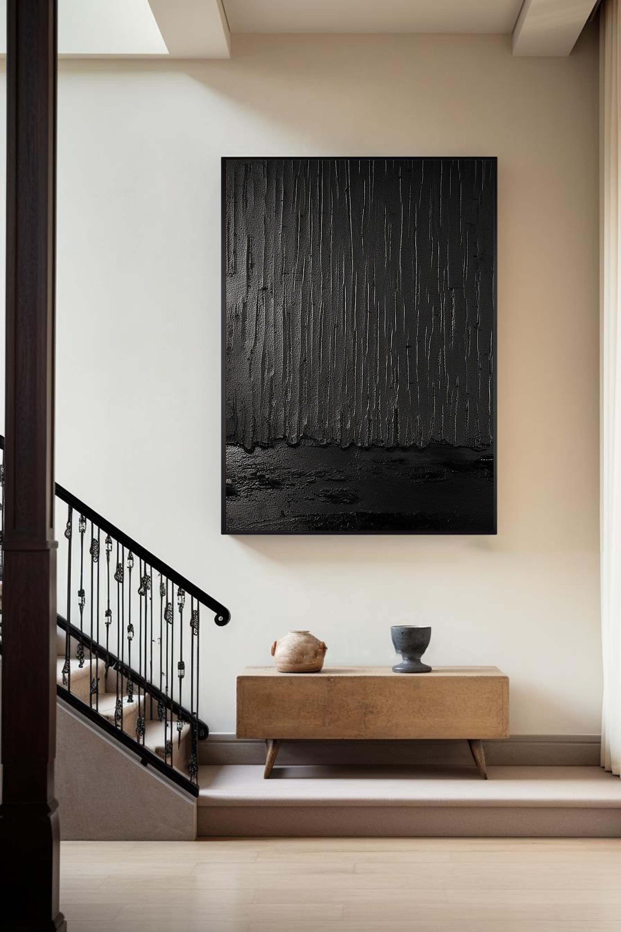 Shadows of Rain-Black Rain Curtain Abstract Thick Texture Oil Painting Wall Art