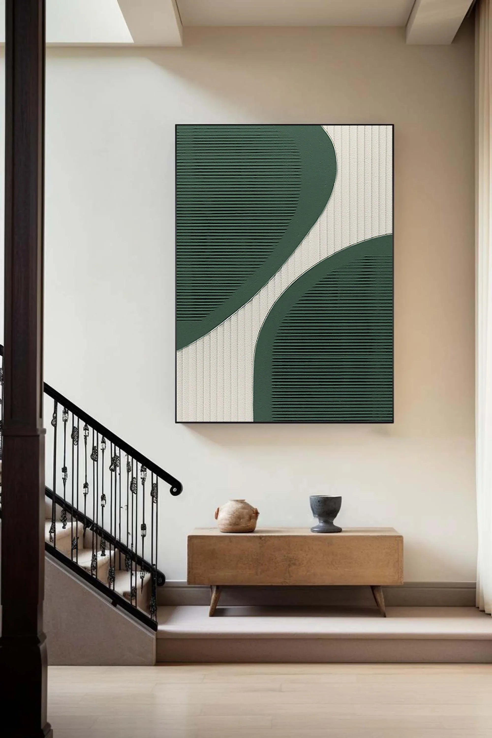 Curved Harmony-Modern Minimalist Green and White Curved Geometric Abstract Wall Art - artextured