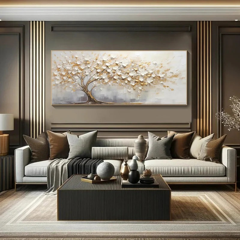 Large Textured Abstract Tree Wall Art for Modern Interiors – Golden Stillness#AB14121