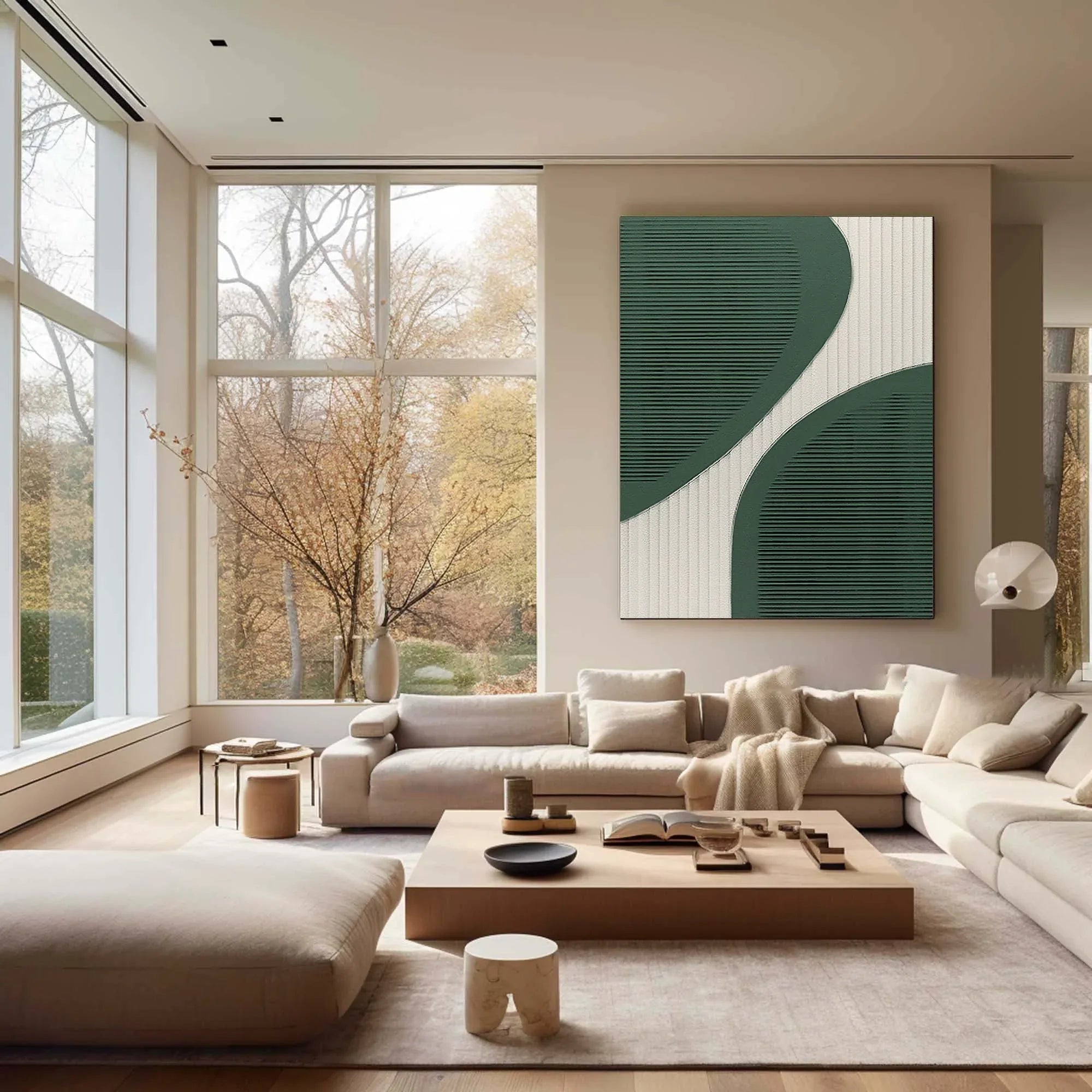 Curved Harmony-Modern Minimalist Green and White Curved Geometric Abstract Wall Art - artextured