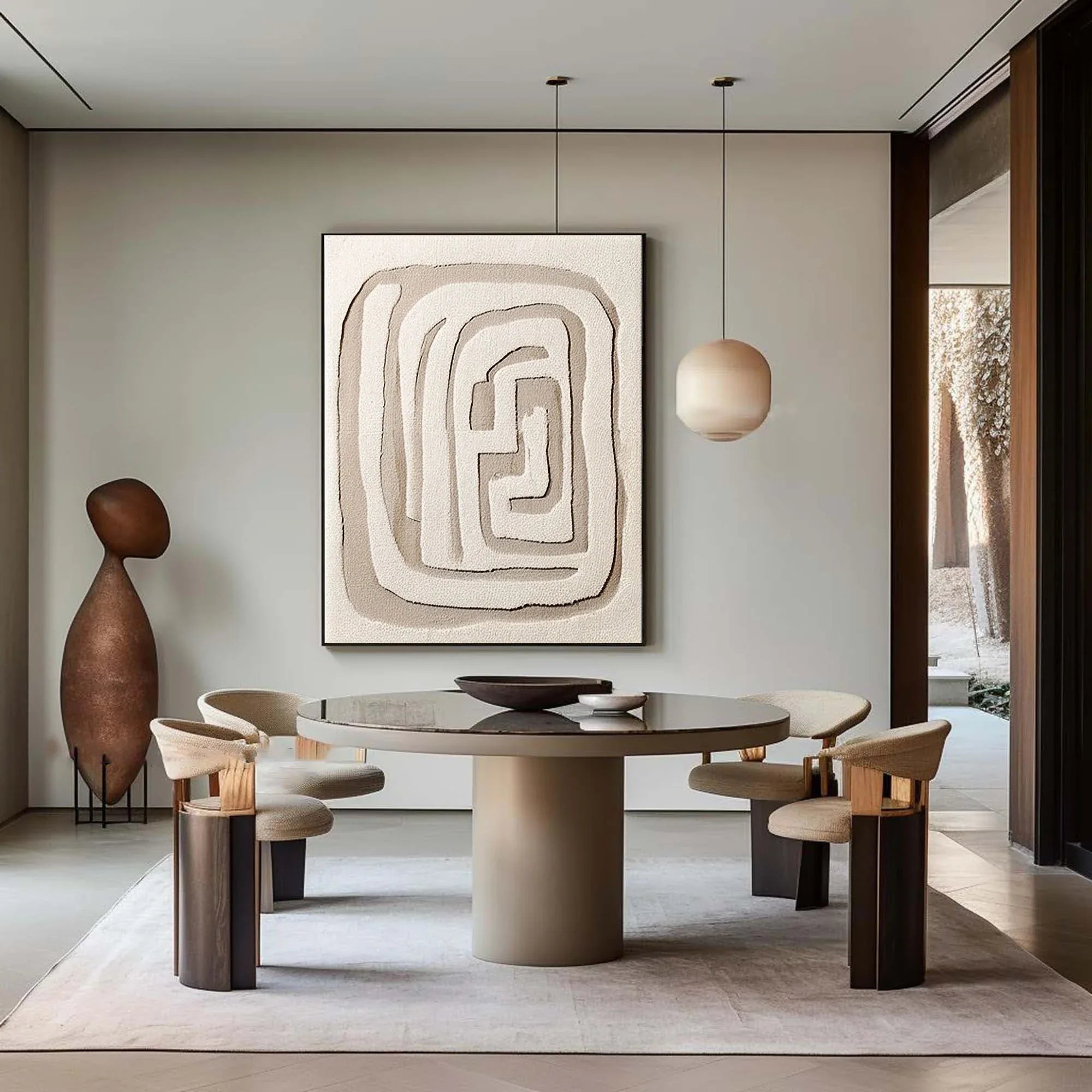 Beige Maze Echo-Modern Minimalist Geometric Maze Abstract Wall Art - artextured