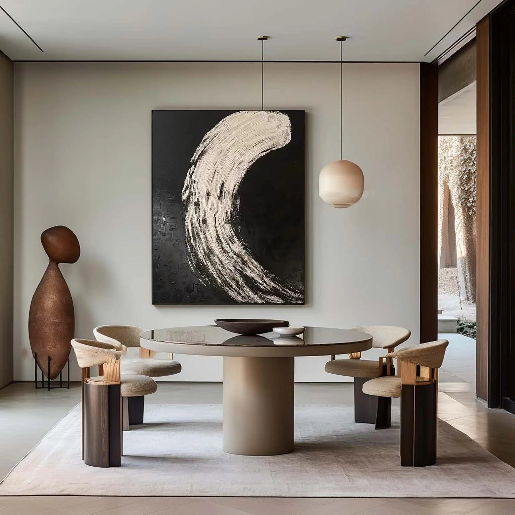 Eclipse Flow-Modern Minimalist Abstract Black and White Curved Texture Wall Art - artextured