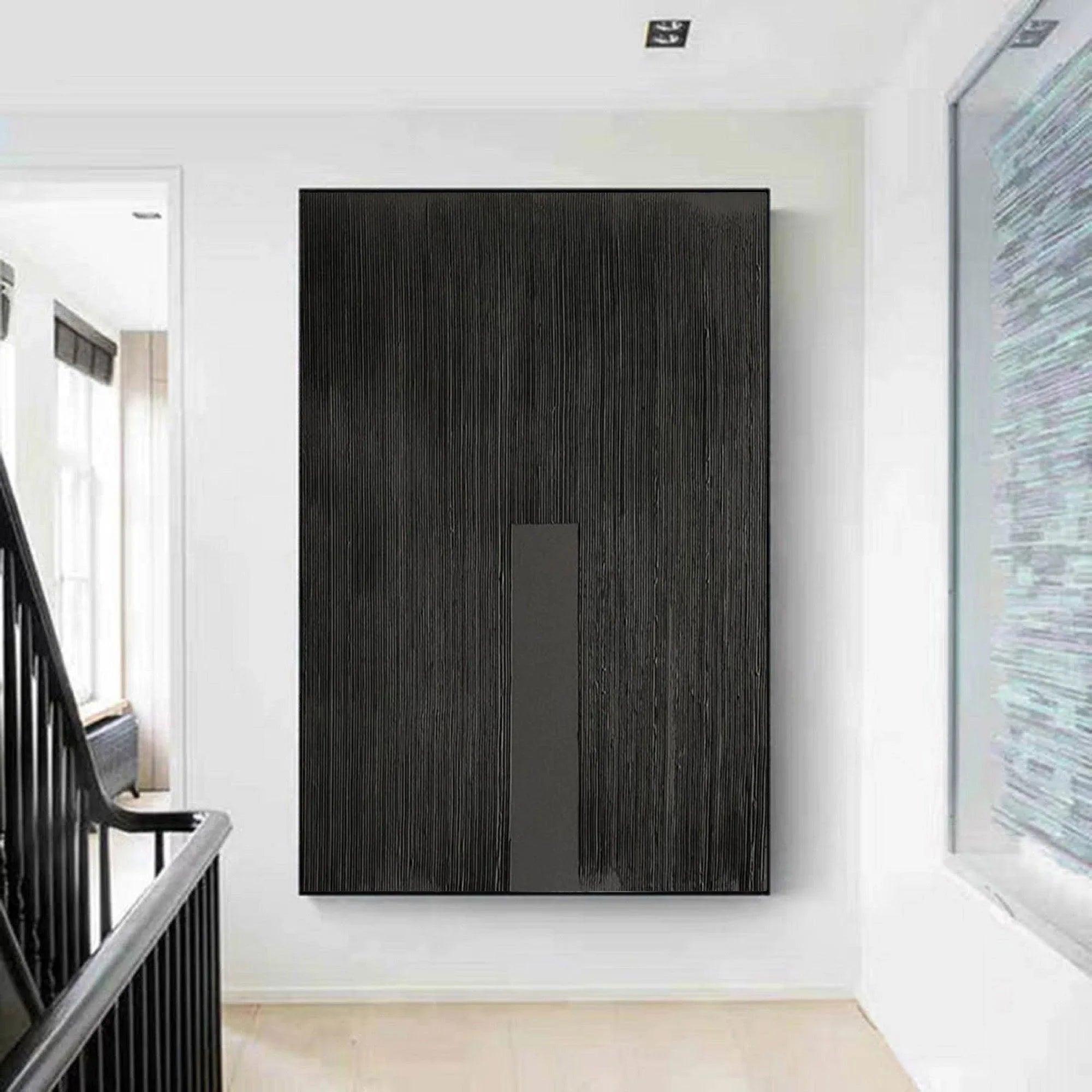 Vert Black Slab Pulse-Linear Minimalist Black Canvas with Vertical Accent - artextured