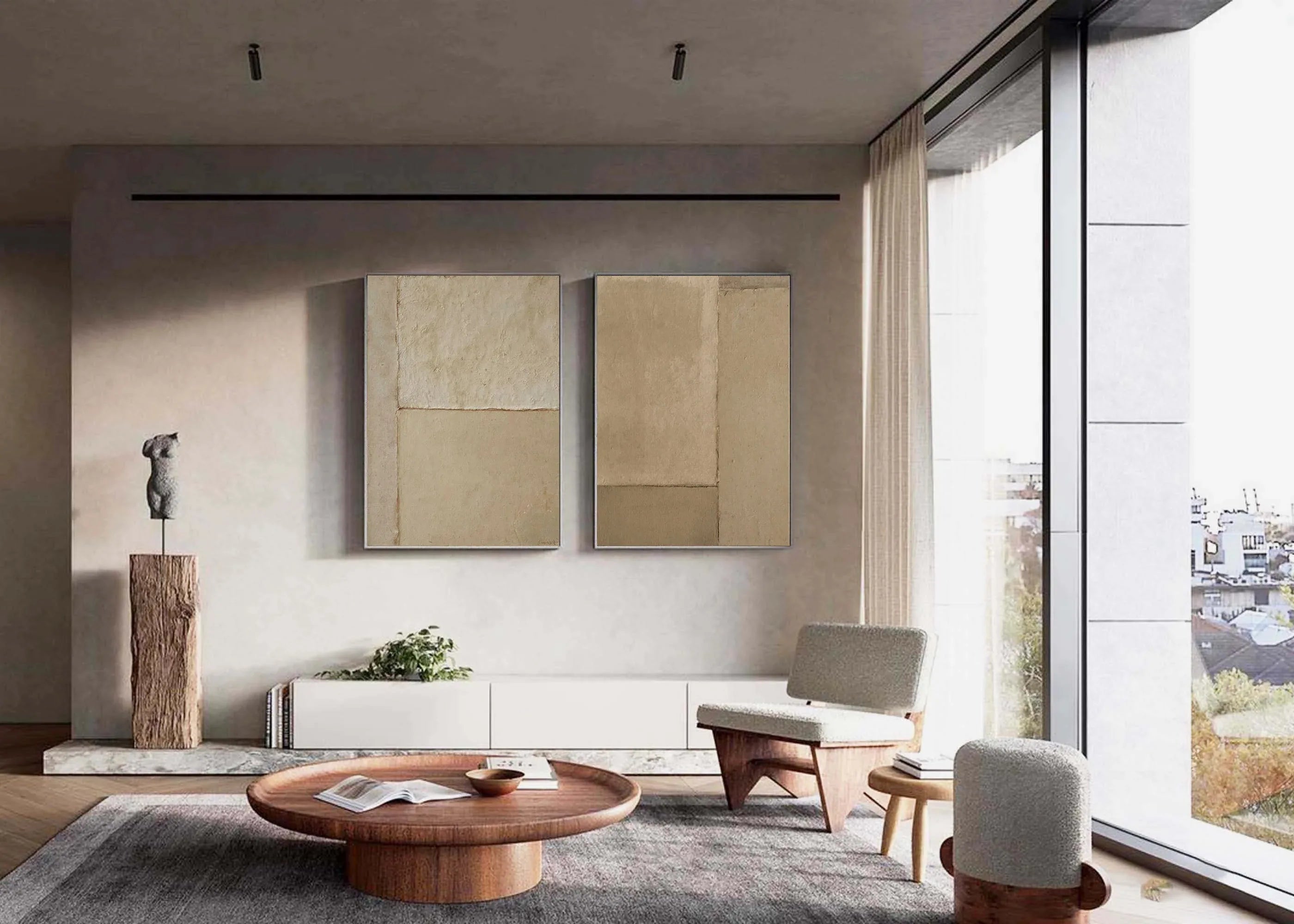 Earthy Simplicity-Brown Geometric Abstract Double Canvas Wall Art for Minimalist Decoration - artextured