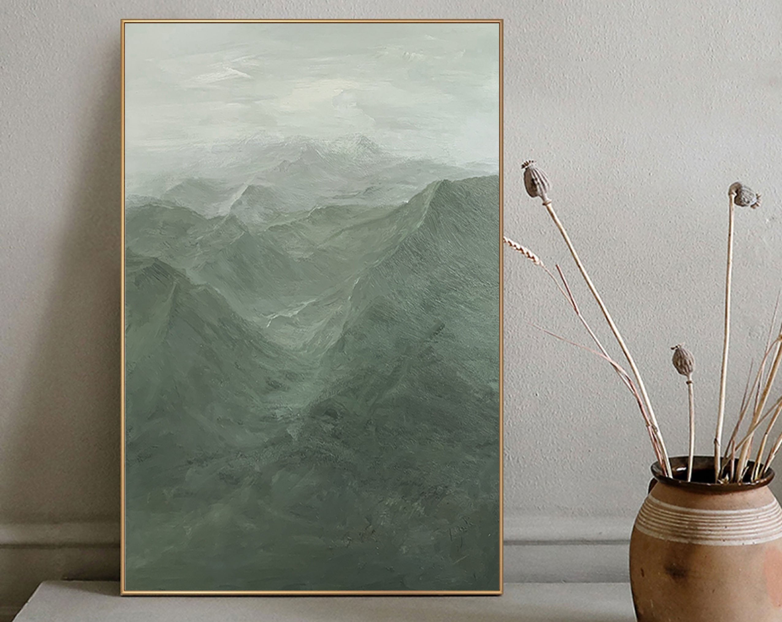 Misty Green Mountain Abstract Oil Painting - Tranquil Wall Art