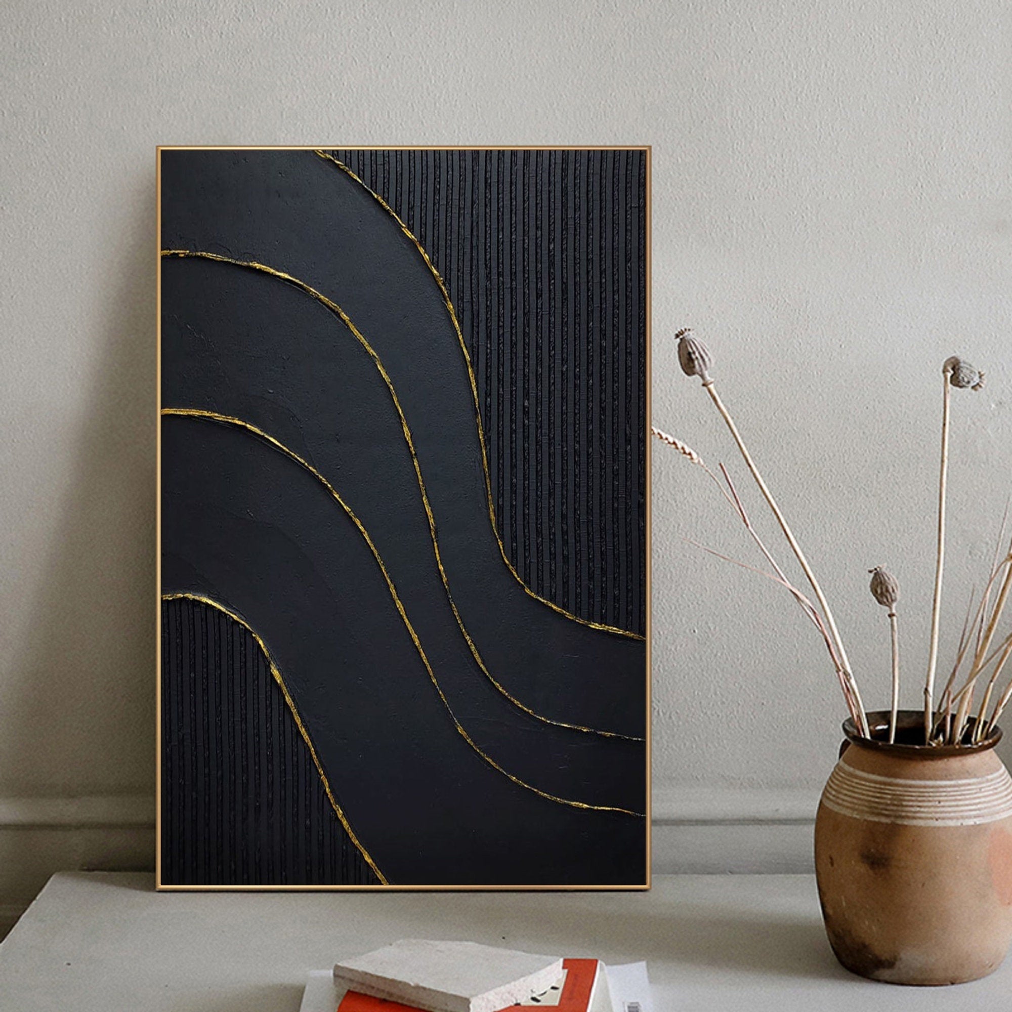 Golden Flow-Modern Minimalist Black and Gold Curved Texture Abstract Wall Art