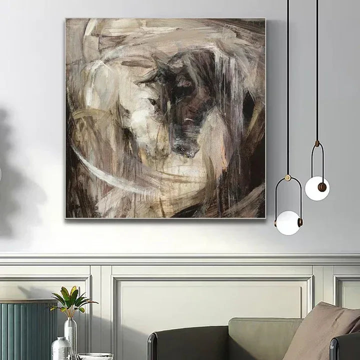 Confrontation-Hand-Painted Abstract Oil Painting Featuring a Spiritual Duel Between Two Horses, Showcasing Wall Art - artextured