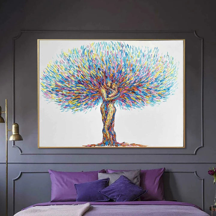 Love Under the Tree-Love and Tree Symbiotic Embrace Abstract Texture Oil Painting Wall Art