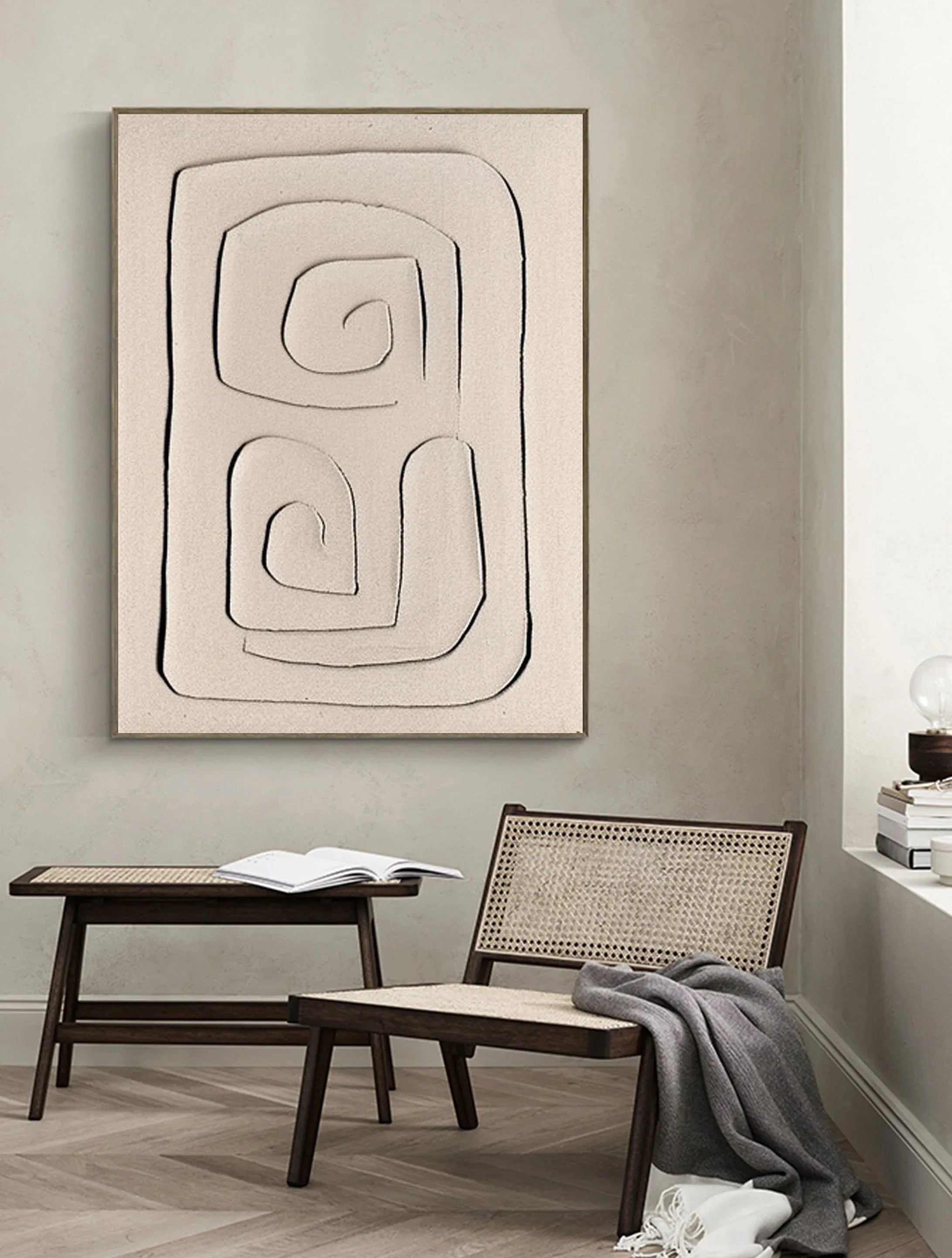 Mono Swirl Block-Wabi Sabi Abstract Wall Art with Spiral Minimalist Texture - artextured