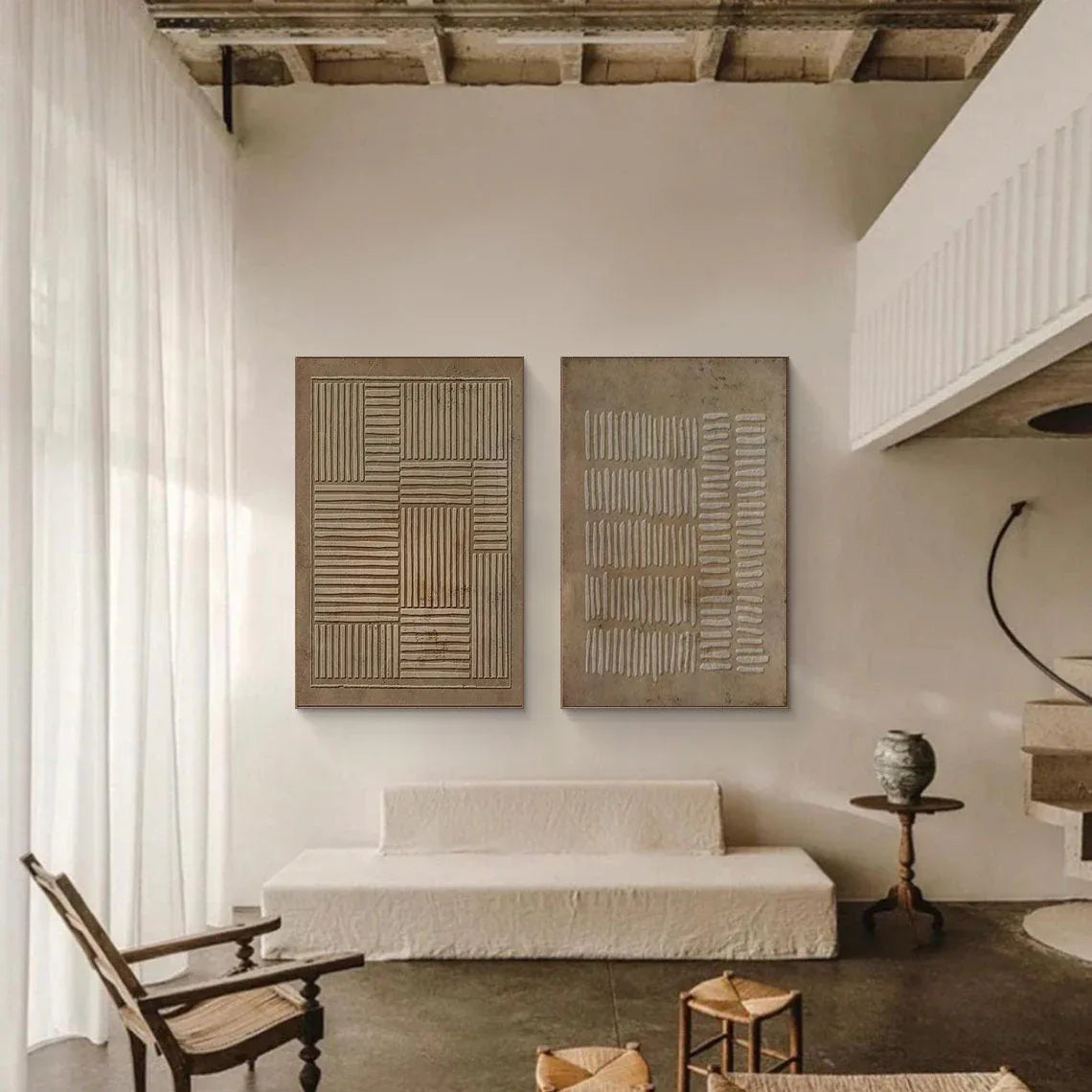 Linear Harmony SET OF 2-Handmade Geometric Vertical and Horizontal Stripes Texture Abstract Wall Art - artextured