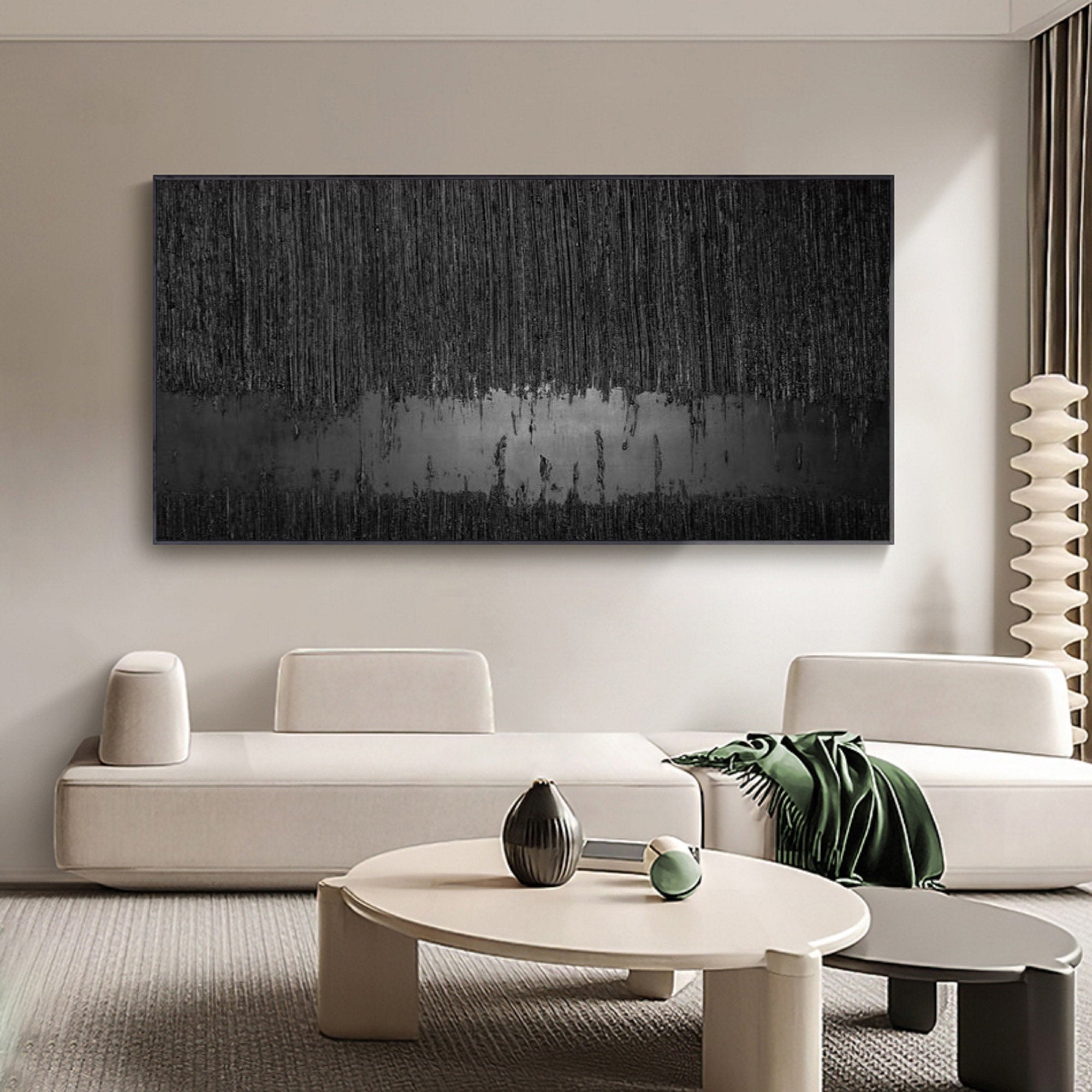 Obsidian Silence-Hand Drawn Black Gray Dangling Texture Abstract Oil Painting Wall Art