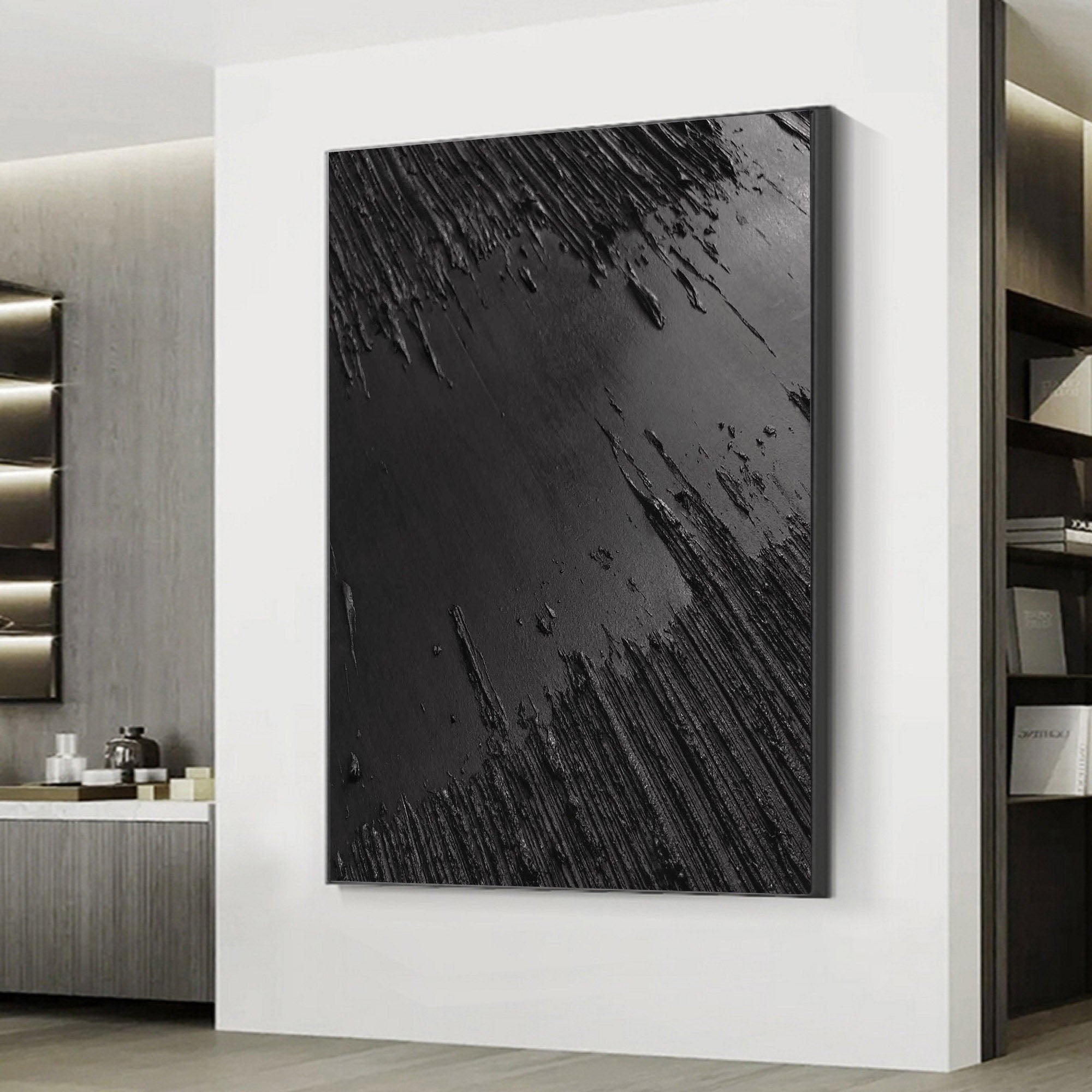 Minimalist Black Textured Canvas Art - Monochrome Abstract Wall Decor