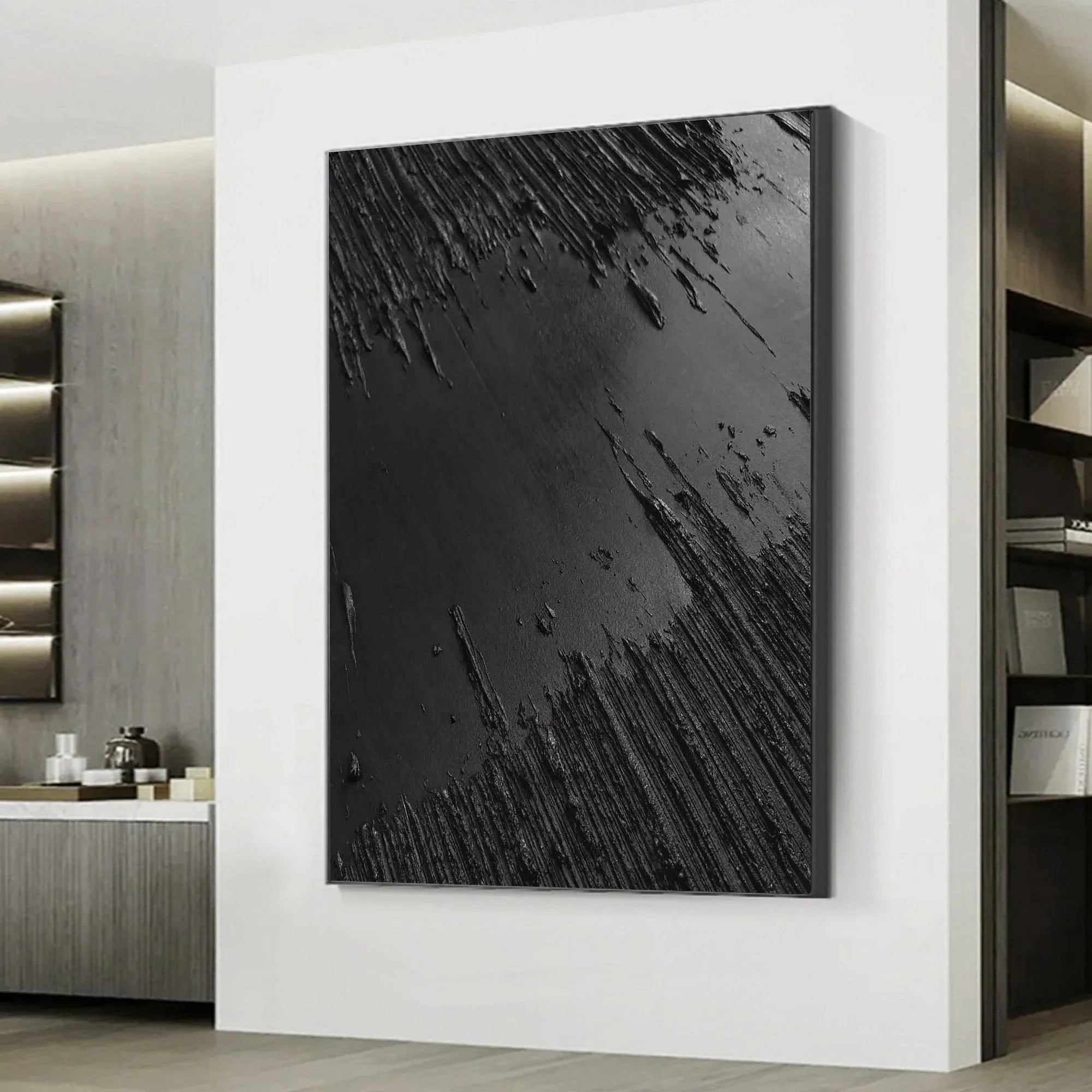 Minimalist Black Textured Canvas Art - Monochrome Abstract Wall Decor - artextured