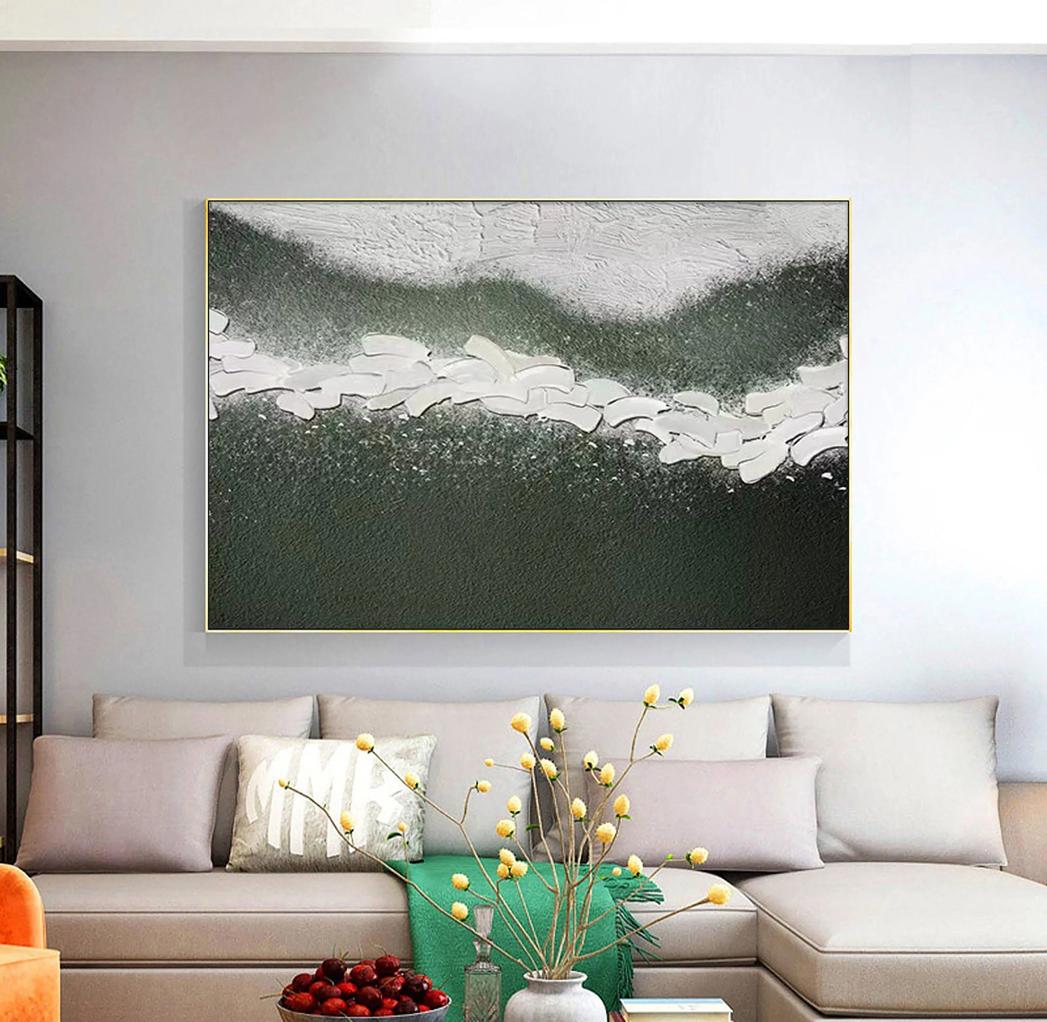 Path of Serenity-Hand Drawn Flowing Green and White Outline Abstract Texture Wall Art - artextured