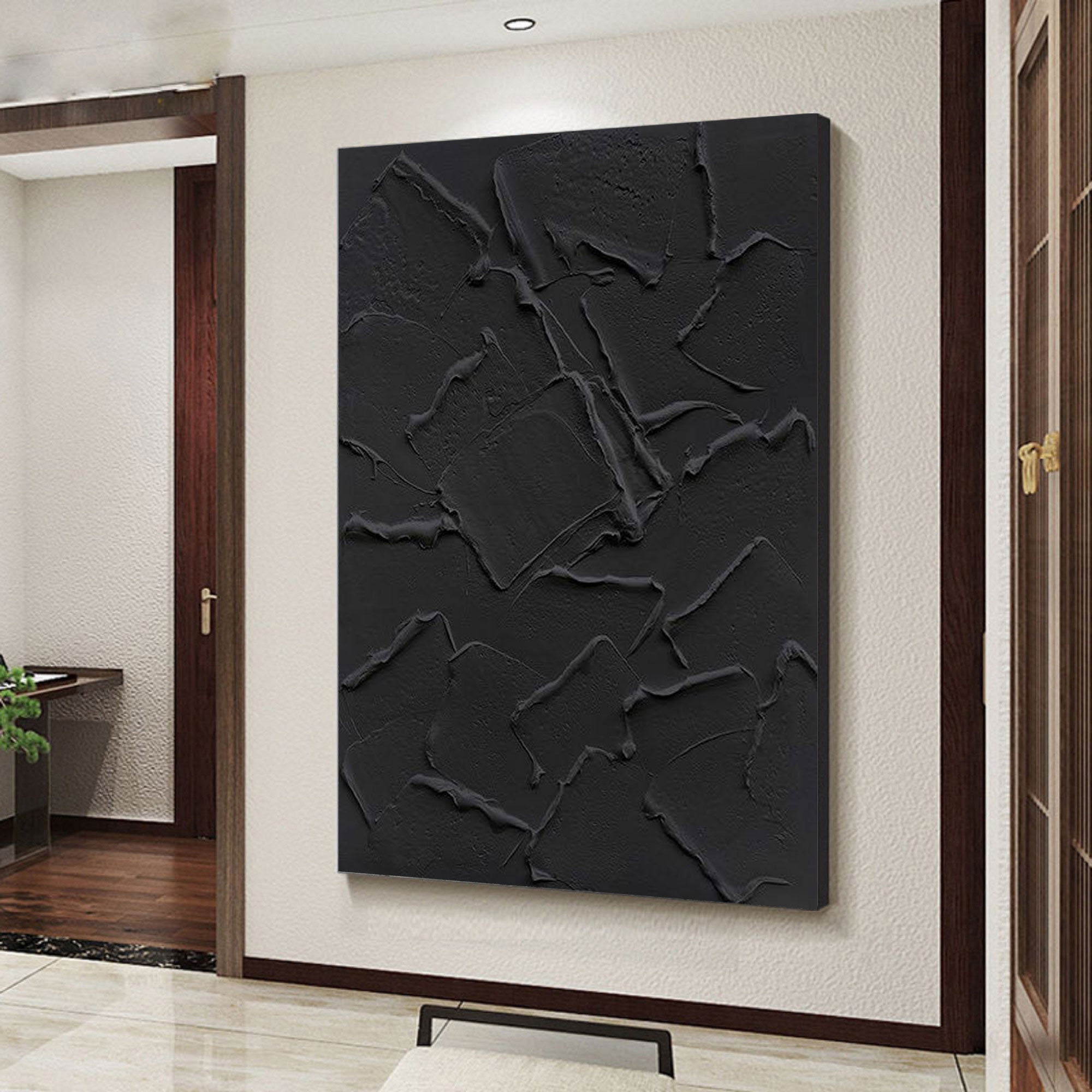 Shadow Layers: Black Textured Abstract Canvas